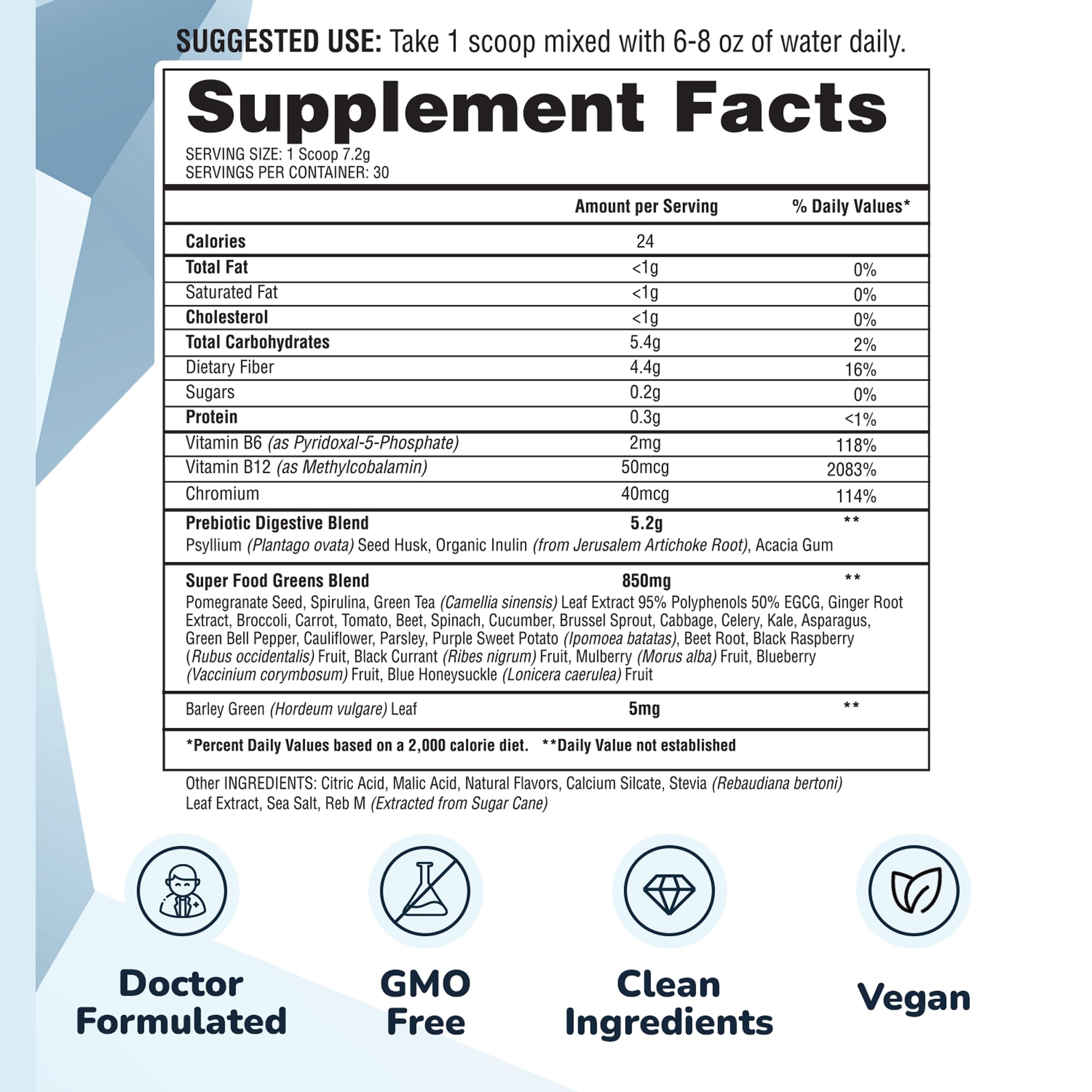 Soluble Fiber Greens Powder with 30 Superfoods, Probiotics & Prebiotic Fiber Supplement for Women & Men - Support Digestion, Regulate Blood Sugar & Promote Daily Energy - Made in USA - 30 Servings