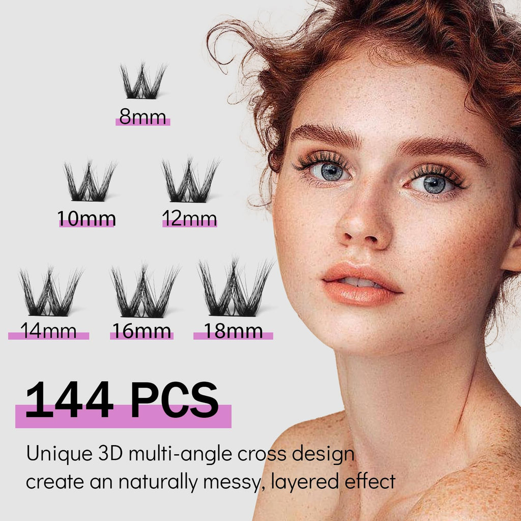 MayHug 3D Wispy Cluster Lashes Kit - Waterproof Lash Clusters 8-18MM C Curl Lashes - 144Pcs Individual Eyelashes Kit with Remover, Bond and Seal (Prism, 4 In 1)