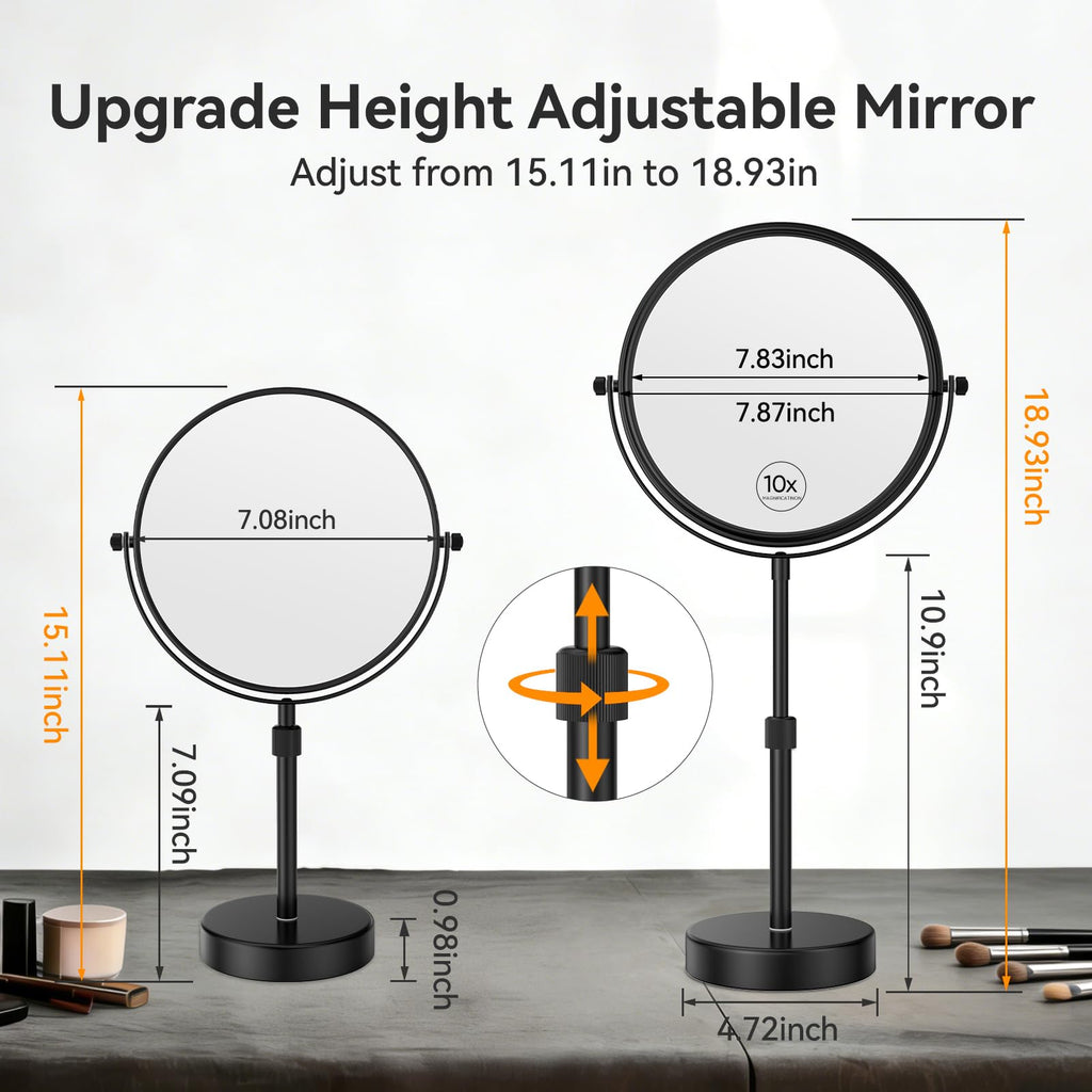 Nicesail 19 Inch Tall Makeup Mirror with 10X Magnification, 8 Inch Magnifying Mirror Tabletop with Pedestal, Height Adjustable Black (8 Inch, 10X)