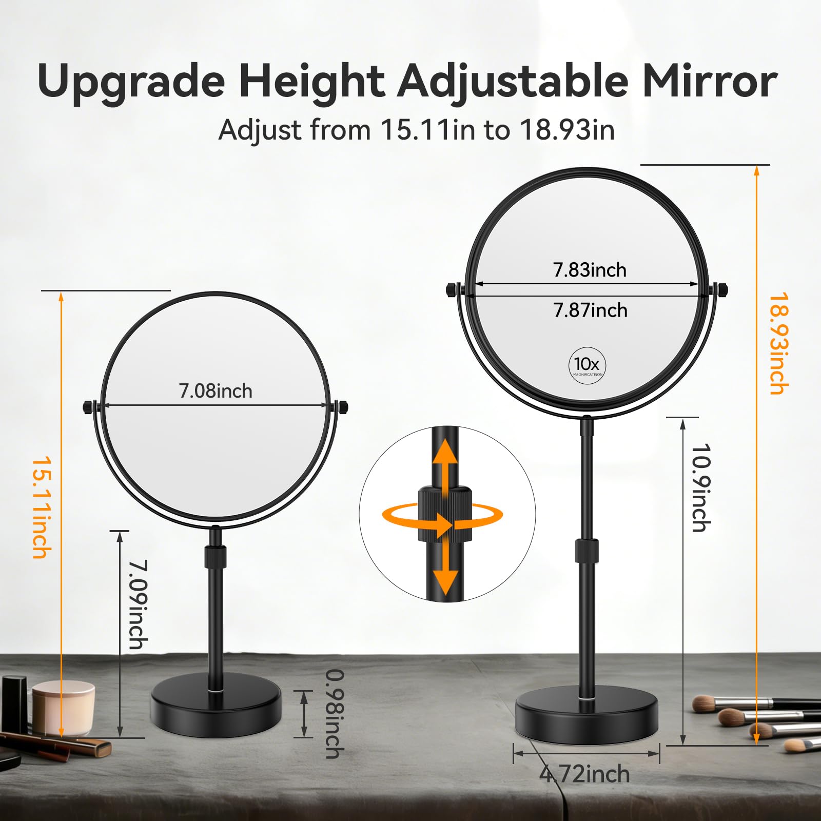 Nicesail 19 Inch Tall Makeup Mirror with 10X Magnification, 8 Inch Magnifying Mirror Tabletop with Pedestal, Height Adjustable Black (8 Inch, 10X)