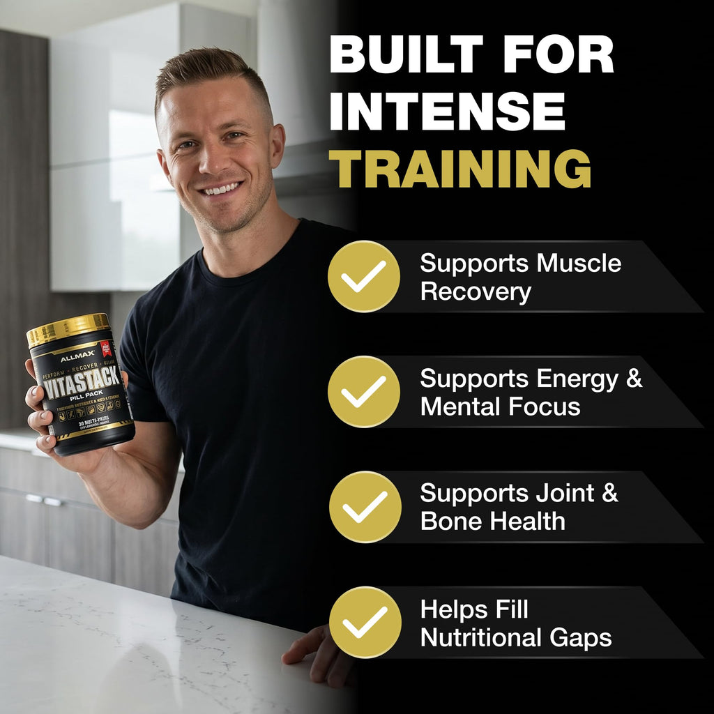 ALLMAX VITASTACK Multivitamin Packs – 30 Daily Vitamin Packs, Multi Vitamin Mineral Supplement with Omega-3, BCAAs & Enzymes – Energy, Performance & Recovery, 30 Servings
