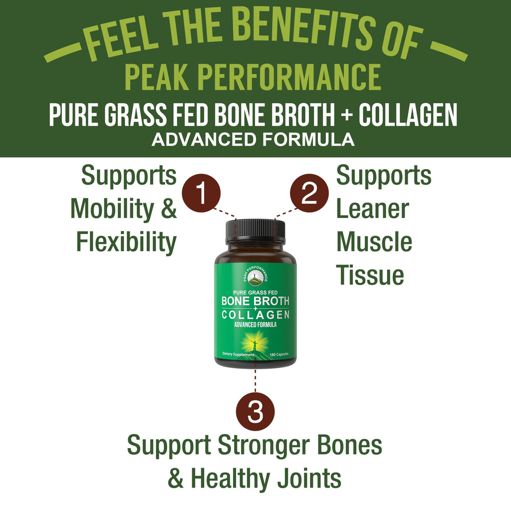 Peak Performance Bone Broth Collagen Capsules - 180 Pills of Grass Fed Bone Broth Collagen Protein Peptides - Contains All 3 Types 1, 2, and 3 - Pure Pasture Raised Paleo Friendly for Women & Men