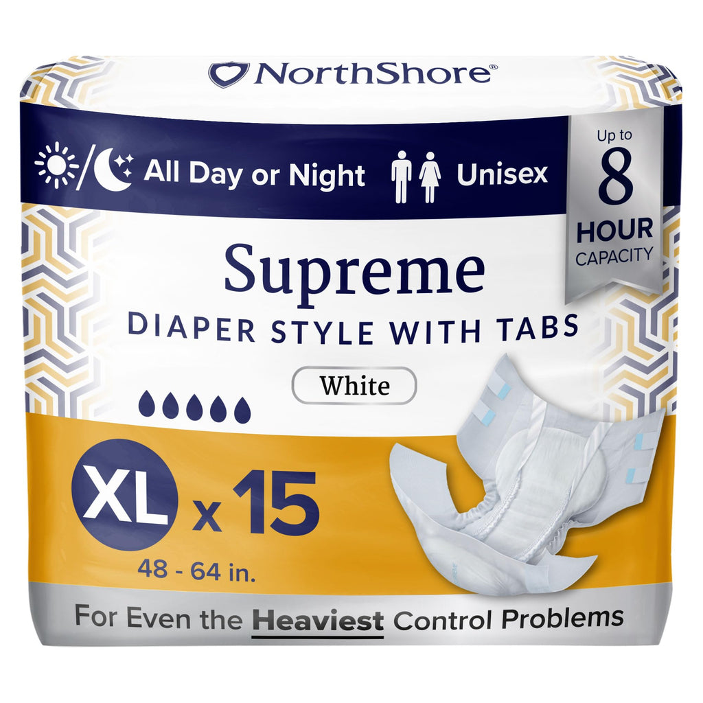 NorthShore Supreme Tab-Style Briefs for Men and Women (White, X-Large, 15 Count)