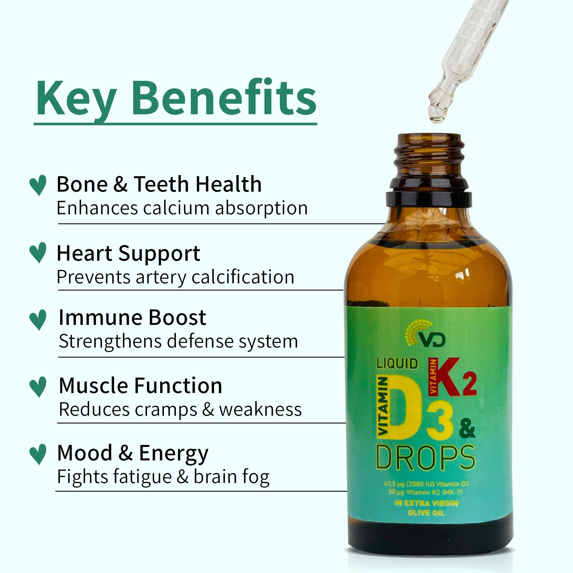 VD Liquid Vitamin D3 2500 IU & K2 MK-7 50 UG (50ml)-Optimal Absorption, High Strength, Vitamin Liquid Drops for Bones, Teeth, Muscle Function & Immune System Booster, Gluten Free, Vegan & Unflavoured
