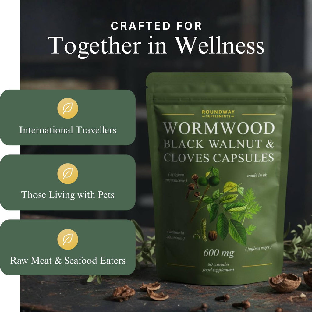 Roundway Supplements Wormwood Black Walnut Hull and Clove Capsules | High Strength Cleanse for Humans. 2 Months Supply | 60 Capsules, 600mg. Gluten-Free and Non-GMO. Vegan Supplement (Pack of 1)