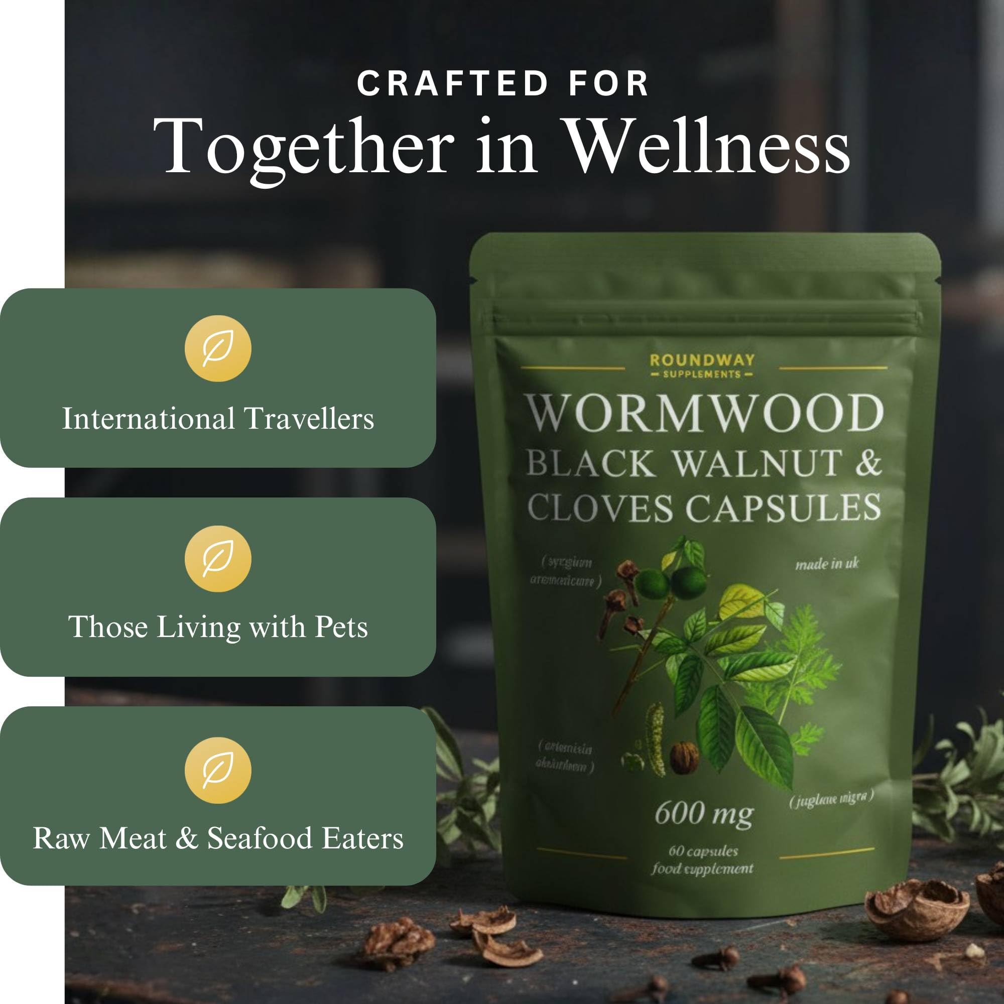 Roundway Supplements Wormwood Black Walnut Hull and Clove Capsules | High Strength Cleanse for Humans. 2 Months Supply | 60 Capsules, 600mg. Gluten-Free and Non-GMO. Vegan Supplement (Pack of 1)
