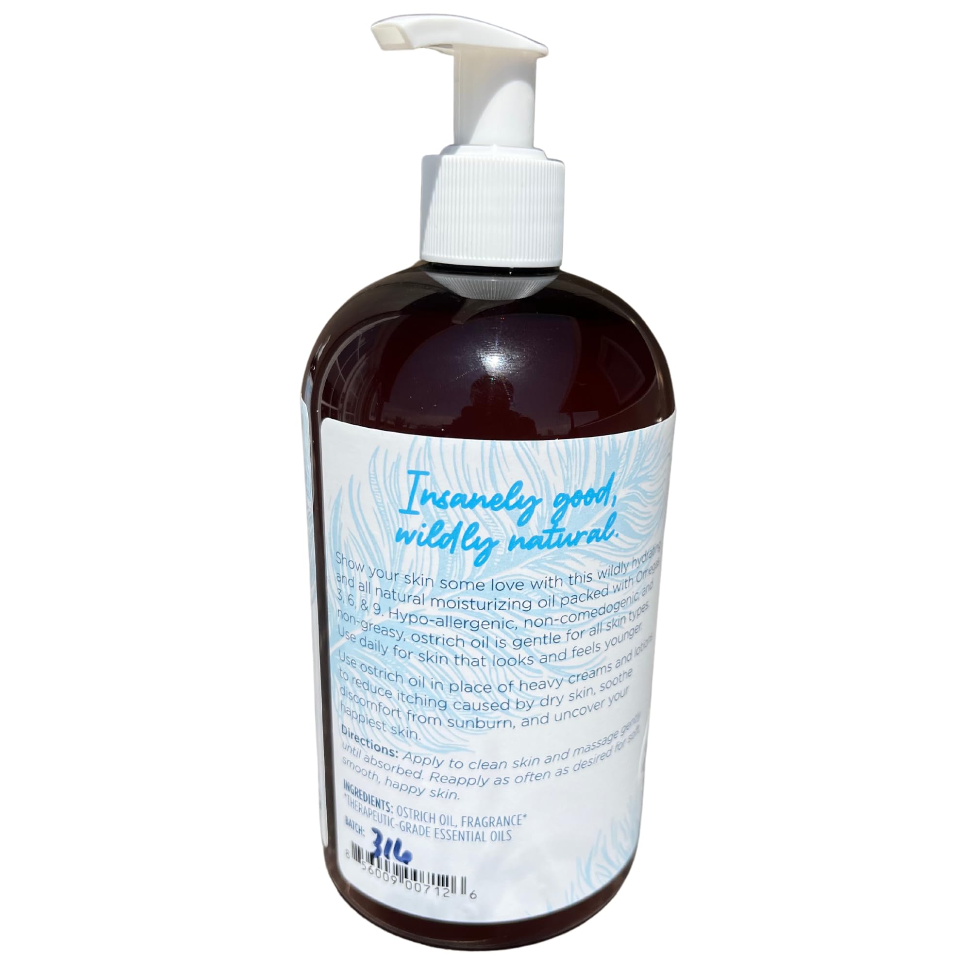 American Ostrich Farms 100% Pure Ostrich Oil - Made in USA - All Natural Omega-Rich Skin Moisturizer, 16 Ounce Bottle, Lavender