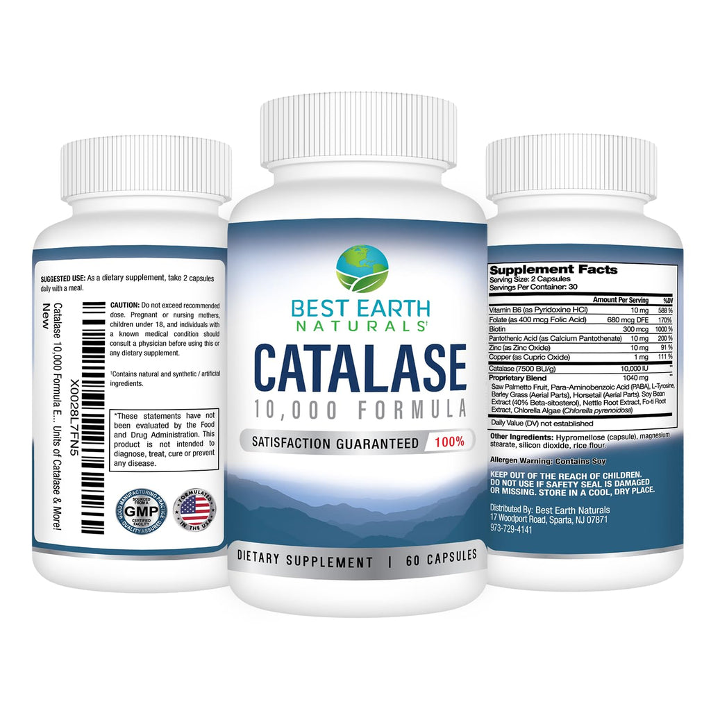 Best Earth Naturals Catalase Formula Starter Set with 60 Capsules of Catalase 10,000 Shampoo 8 Ounces and Conditioner 8 Ounces