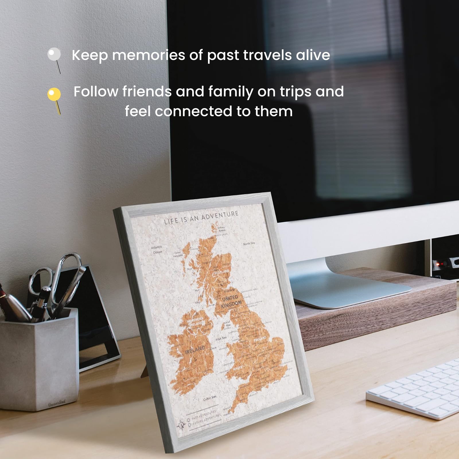 Splosh Travel Map - Desk UK Map Pin Board Grey Cork with Wooden Frame for Desk Personalise and Mark Past & Future Adventures Countries Cities with 100 Pins in 2 Colours the UK & Ireland