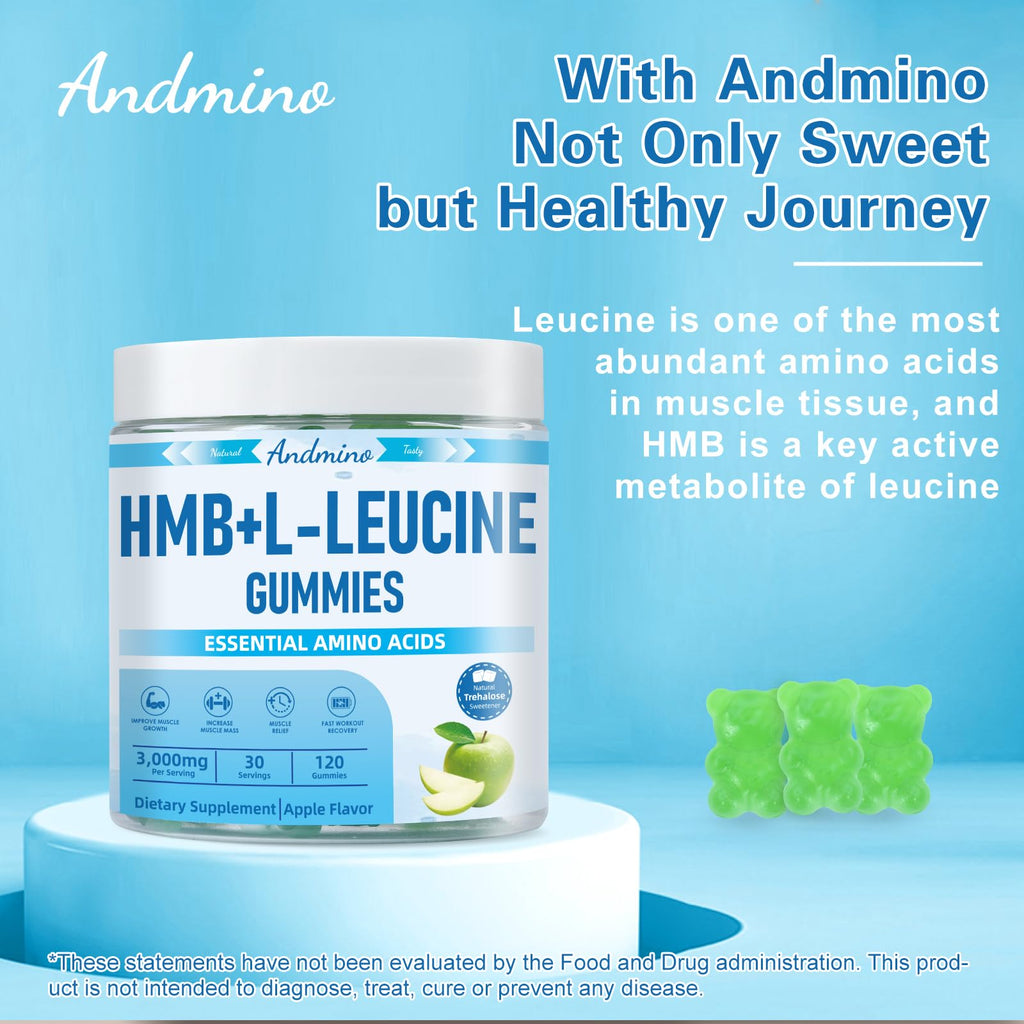andmino HMB and L-Leucine Gummies, 3000mg, with Trehalose, for Muscle Growth, Muscle Relief and Workout Recovery, for Adults & Elder, Non-GMO, Vegan, Gluten Free, Apple Flavor, 120