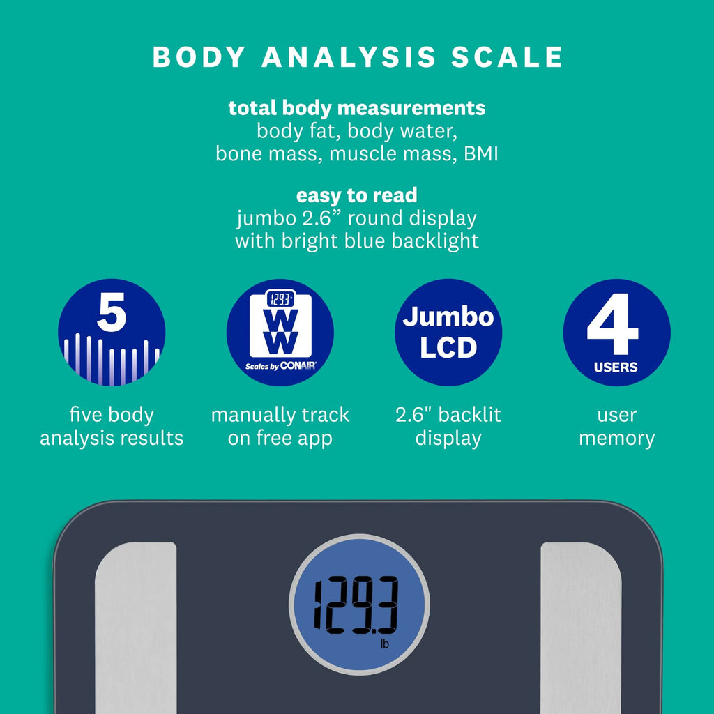 Weight Watchers Scales by Conair BathroomScale for BodyWeight,Glass Digital Scale,Body Analysis Measures Body Fat,Body Water,BMI,Bone Mass&Muscle for 4Users,Measures Weight up to 400Lbs in Black&Blue