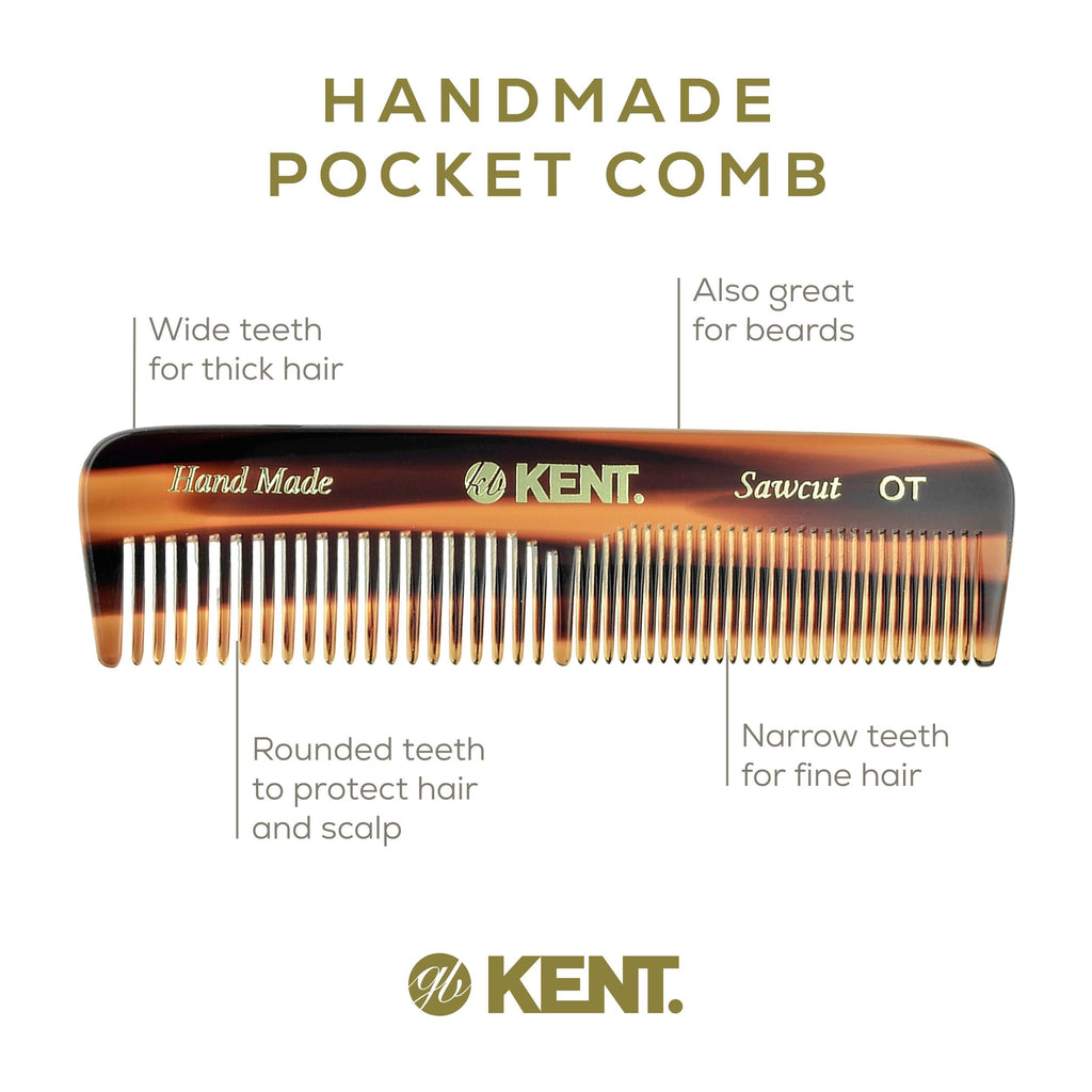 Kent OT Tortoise Pocket Comb - Handmade Fine and Wide Tooth Hair Comb for Men, Women, and Kids - Travel, Beard, and Mustache Comb - Saw Cut and Hand Polished Made in England