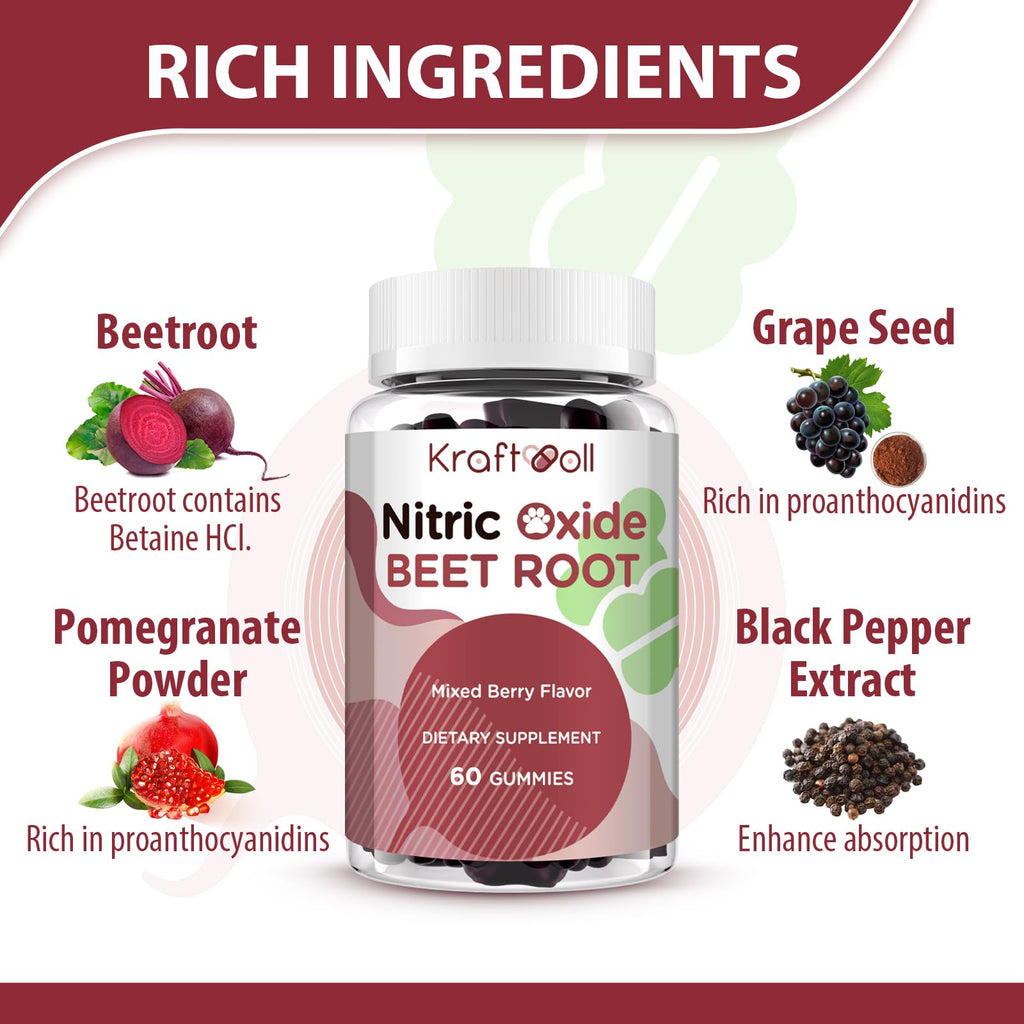 Kraftvoll Nitric Oxide Beet Root Gummies – Sugar-Free Beet Chewables, Mixed Berry Flavor with Grapeseed Powder, Pomegranate, Vitamin C & B12 – Nitric Oxide Supplements for Men – 60 Gummies (2 Bottles)