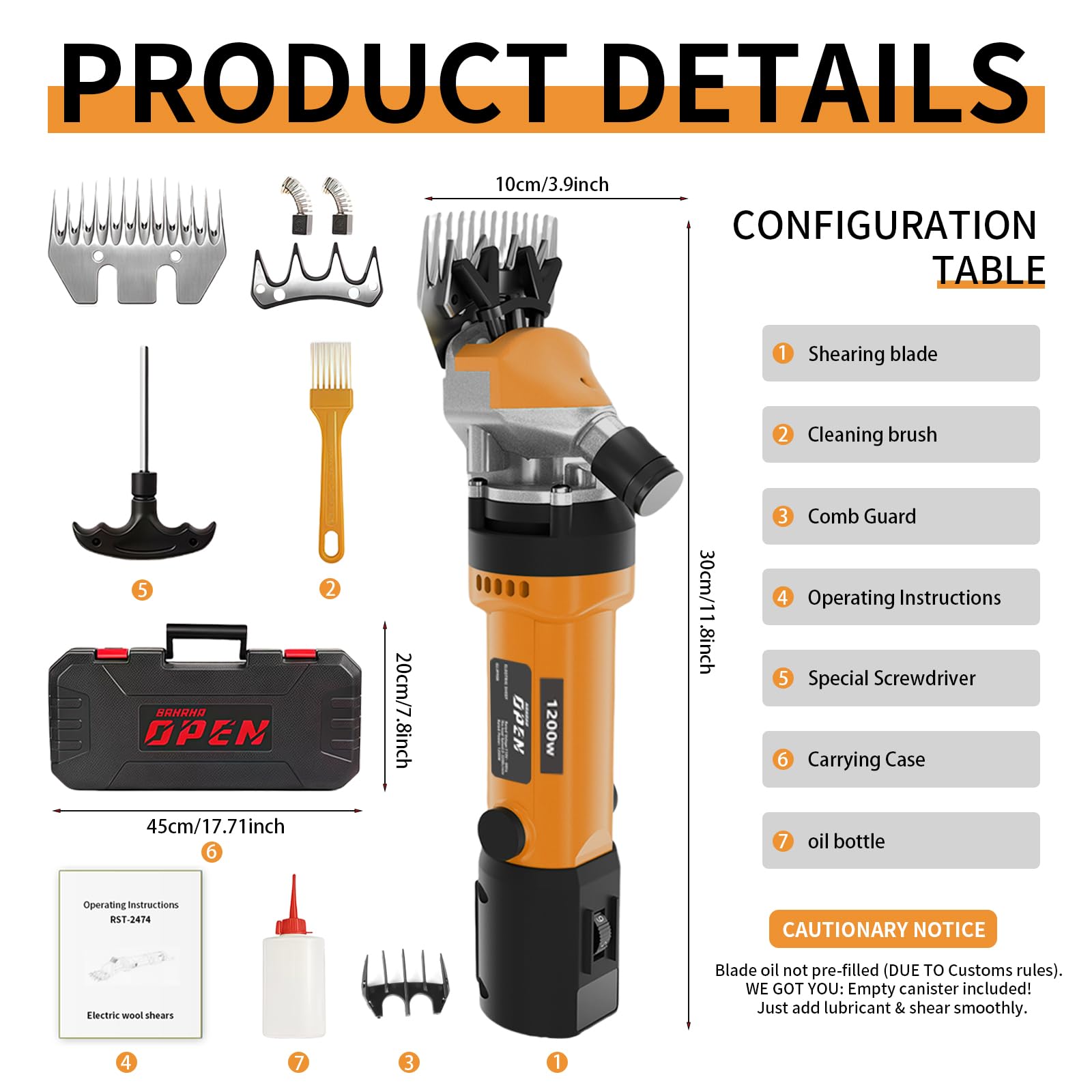 Openhahaha 1200W Sheep Shears Clippers, 3200RPM 6-Speed Heavy Duty Electric Sheep Shears, 13T Blades, Professional Livestock Clippers for Farm Alpacas Goats with Video Guide (Orange)