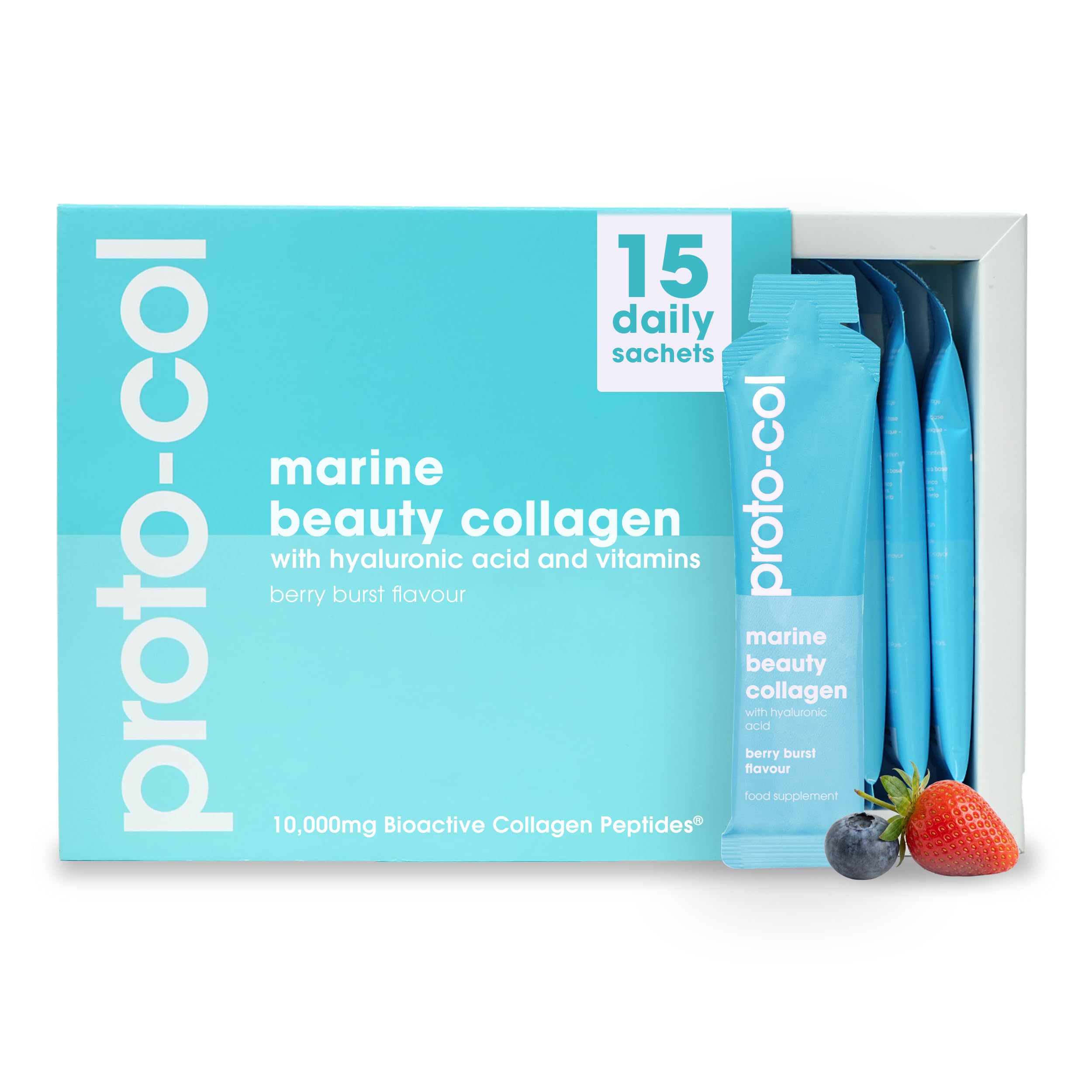 Proto-col Marine Beauty Collagen Liquid Sachets 10,000mg, Marine Collagen Supplement with Hyaluronic Acid, Vitamins for Skin, Hair and Nails, Delicious Red Berry Flavour, 15 Sachets Food Supplement