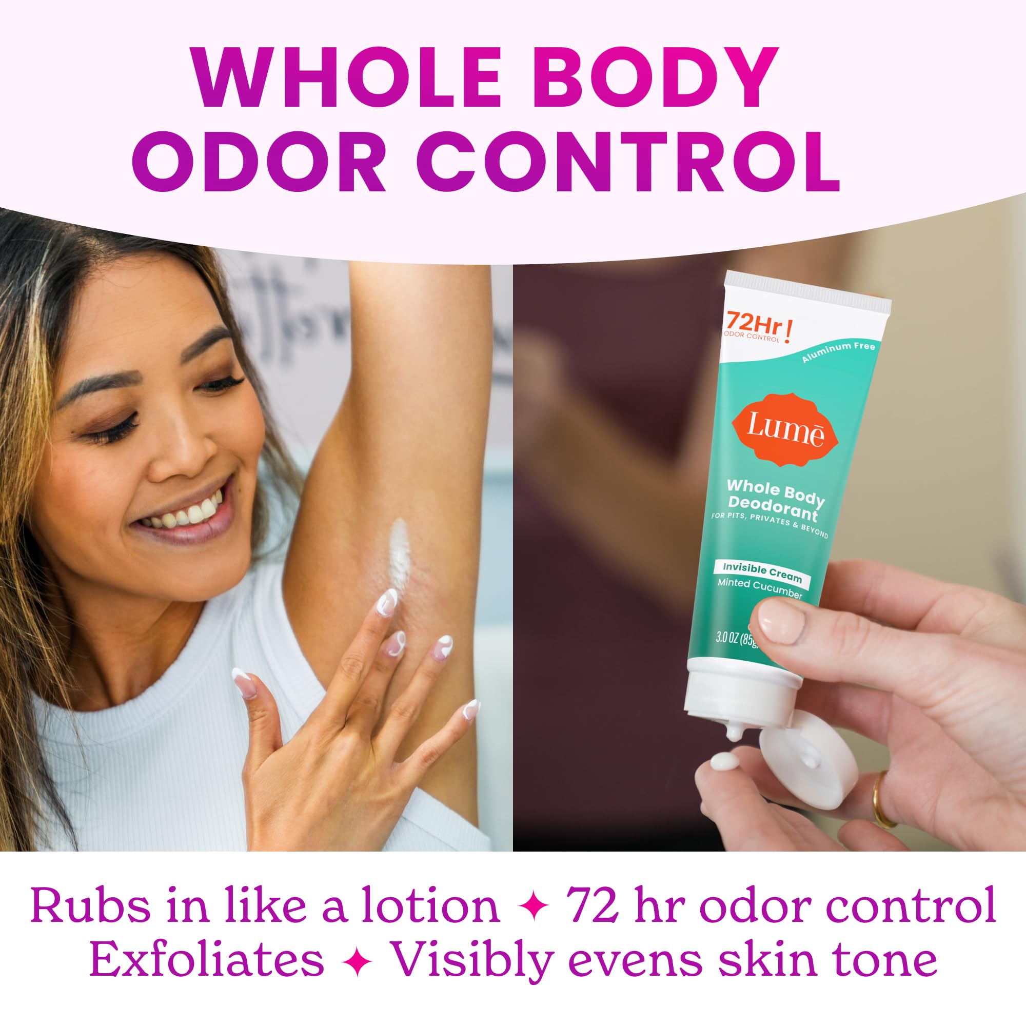 Lume Whole Body Deodorant - Invisible Cream Tube - 72 Hour Odor Control - Aluminum Free, Baking Soda Free, Skin Safe - 3.0 ounce (Pack of 2) (Minted Cucumber)