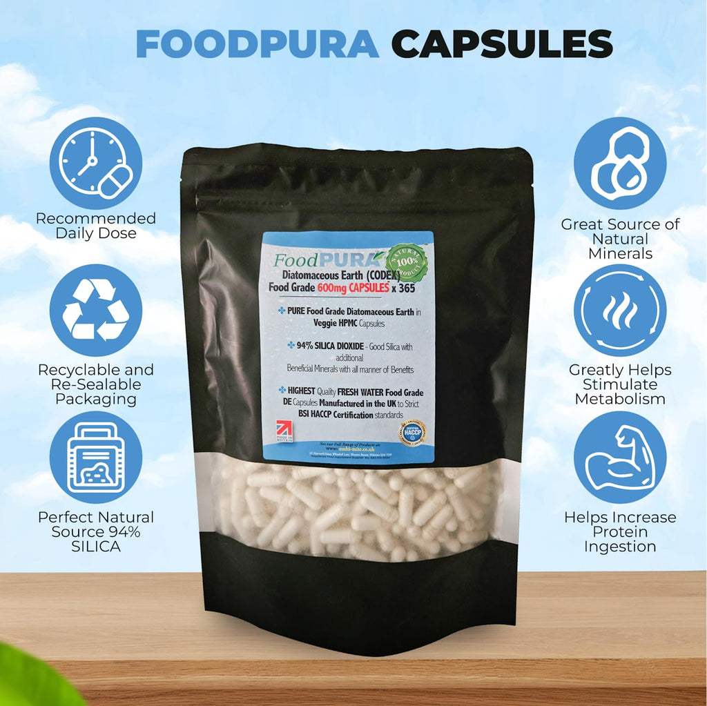 FoodPURA 365 X Food Grade Diatomaceous Earth Capsules (Codex) Pure White 94% Silica Fresh Water Sourced 600mg - Capsules, The SAFEST Way to take Supplements!