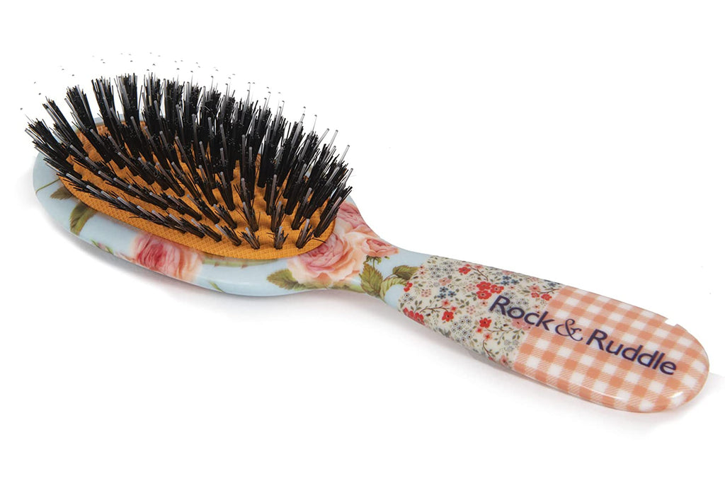 Rock & Ruddle Natural Mixed Boar Bristle Hair Brush for Women and Kids (Small 6.9") - Perfect for Wet or Dry Hair, Detangling Smoothing Blowdrying - Designed & Made in UK - Pink Gingham
