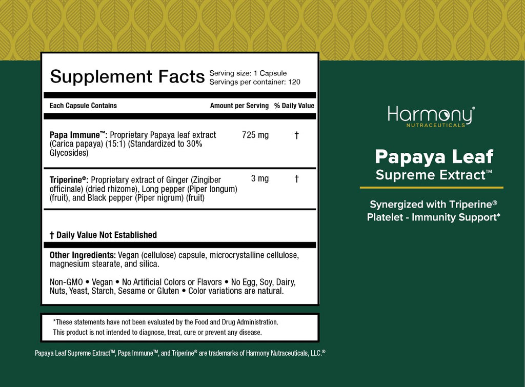Harmony Nutraceuticals Papaya Leaf Supreme Extract Highest Potency Maximum Bioactivity Organic Dr. Gumman's Clinical Grade 120 Vegan Capsules Synergized with Triperine