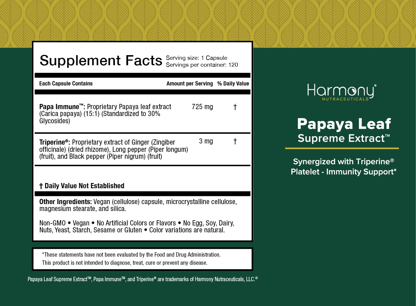 Harmony Nutraceuticals Papaya Leaf Supreme Extract Highest Potency Maximum Bioactivity Organic Dr. Gumman's Clinical Grade 120 Vegan Capsules Synergized with Triperine