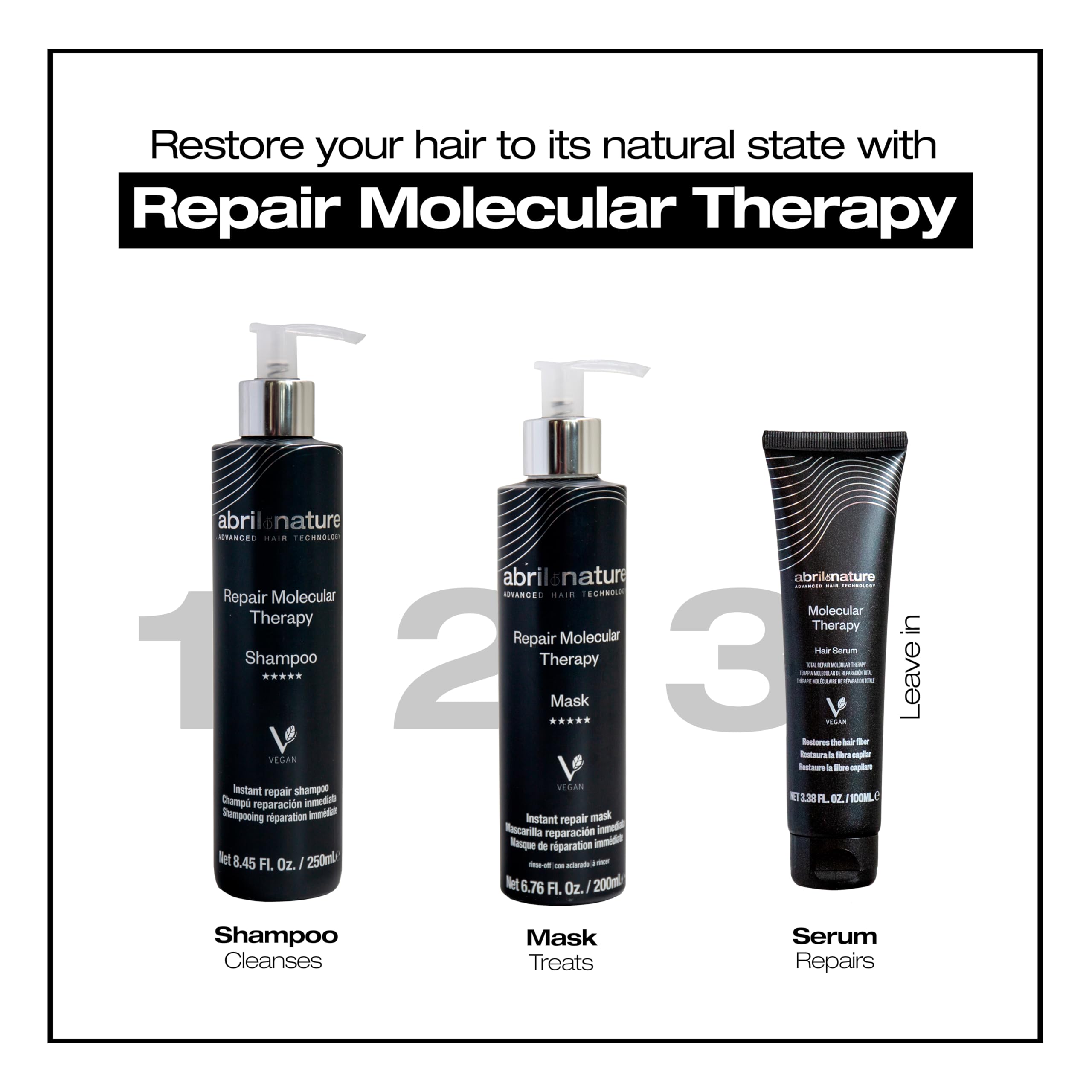 abril et nature - Professional Hair Serum Molecular Therapy - For Damaged, Chemically Treated, or Aging Hair - Repairs, Restructures, and Fills the Hair Fiber - Leave-In - 100 ml