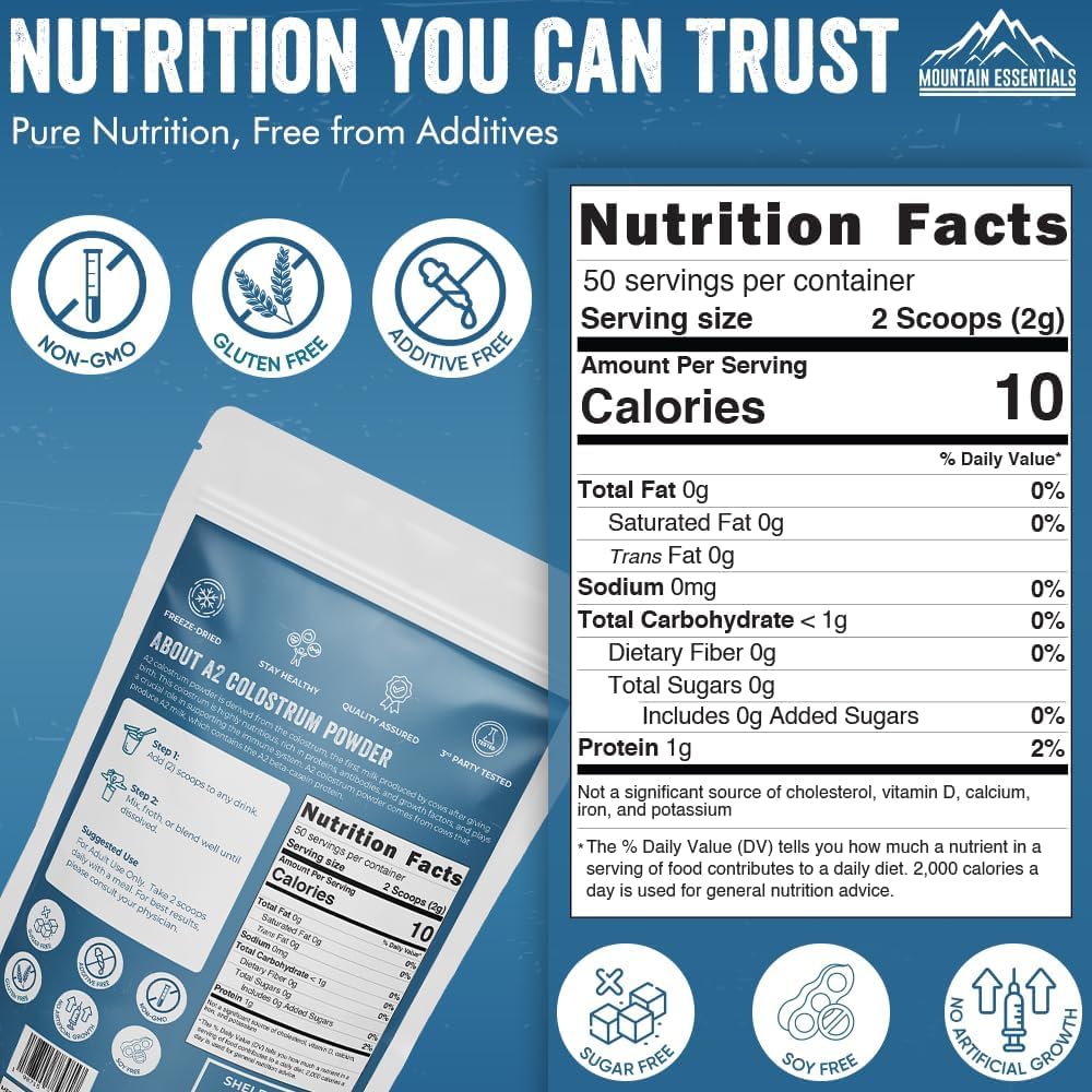 MOUNTAIN ESSENTIALS A2 Colostrum Powder 3.5 Oz Bovine Grass Fed Above 40% IGG Gluten Free, Non GMO 1 Year Shelf Life 50 Servings Pack of 2