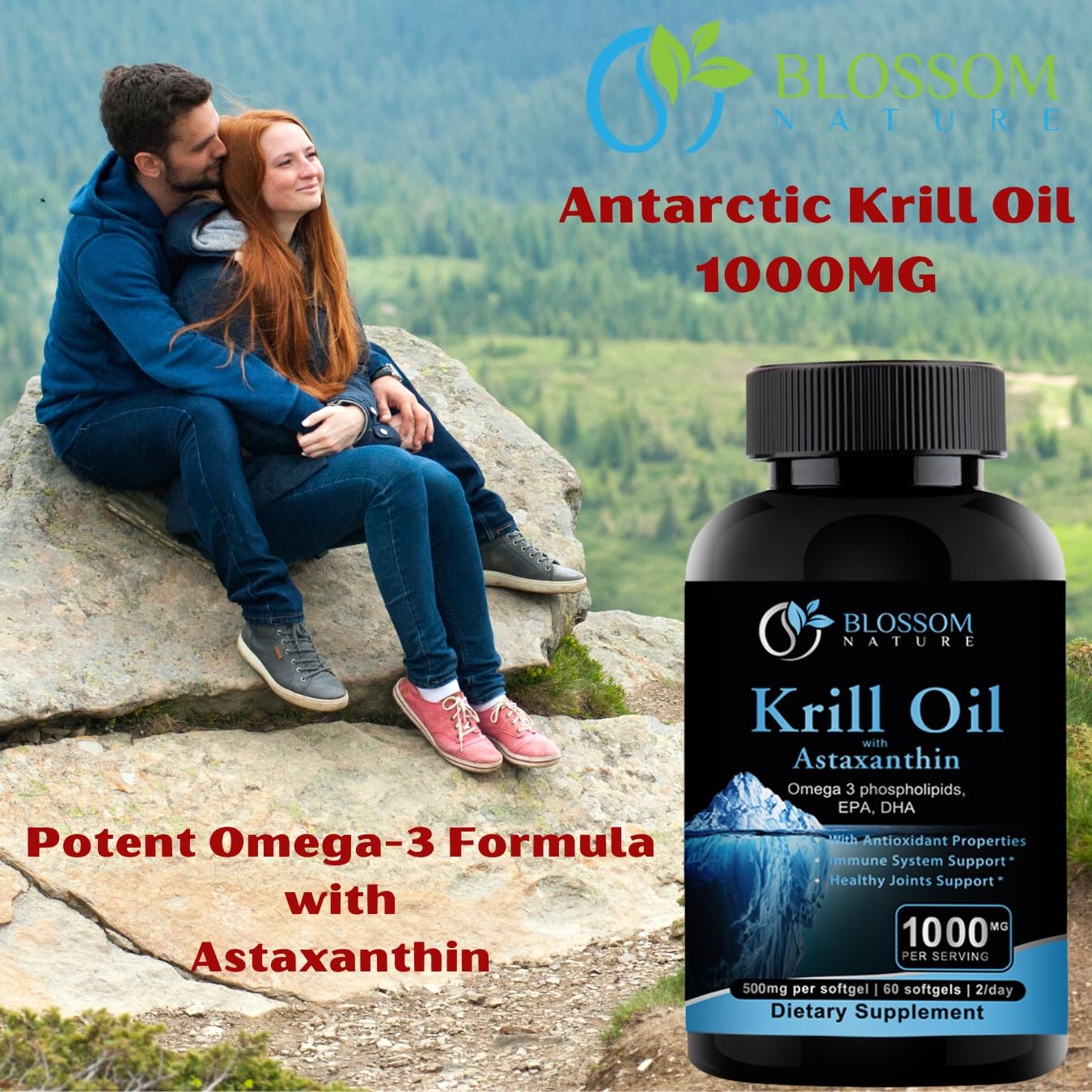Antarctic Krill Oil Softgels–1600mg per Serving with 2mg Astaxanthin, High Omega‑3 (174mg EPA & 120mg DHA) in Phospholipid Form–Supports Joint, Heart, Skin & Brain Health–60 Lemon-Flavored Softgels
