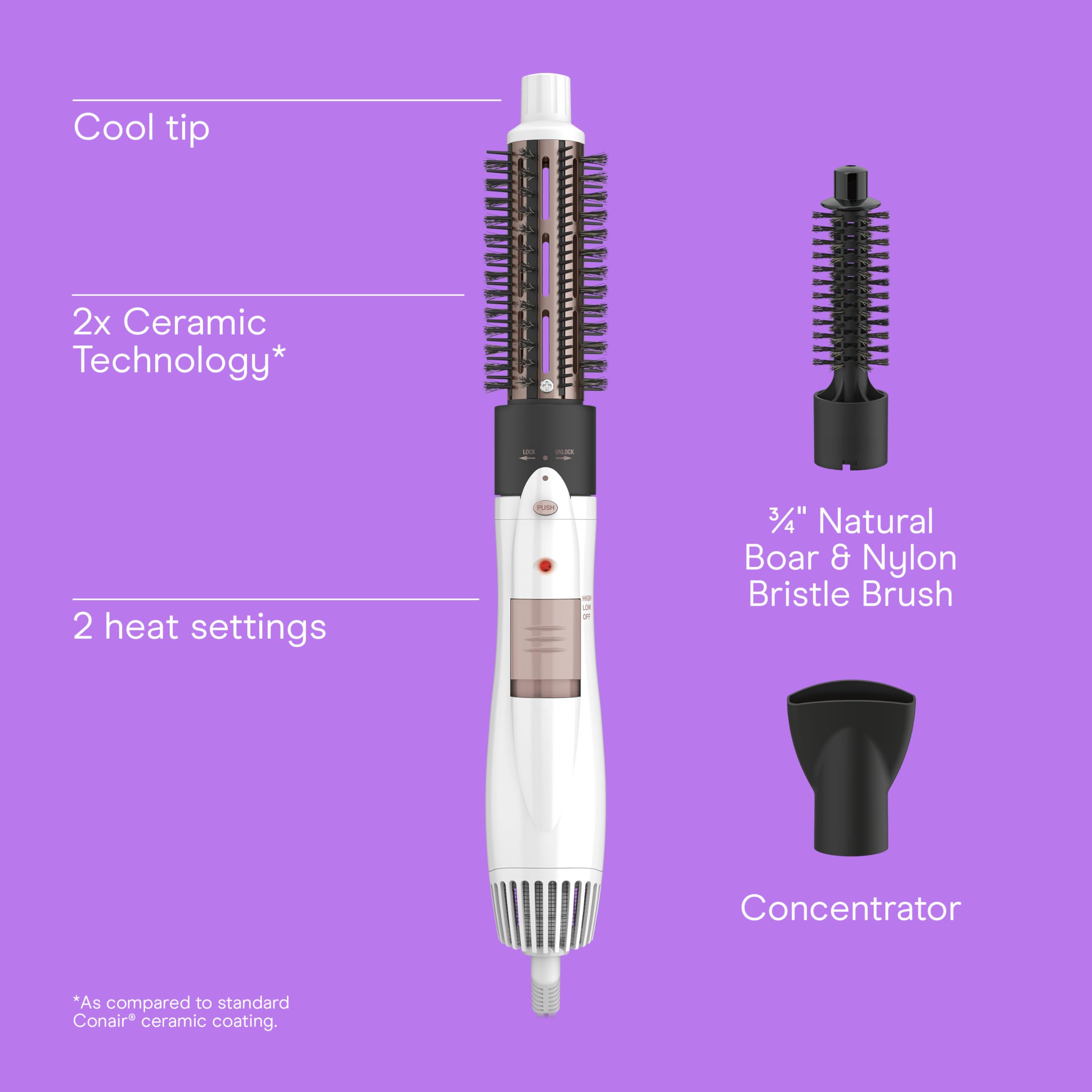 Conair Double Ceramic 3-in-1 Hot Air Brush, Interchangeable Attachments: 1¼-Inch Thermal Brush, ¾-Inch Boar and Nylon Bristle Brush, and Concentrator, Voluminous Curls & Straight Styles, White