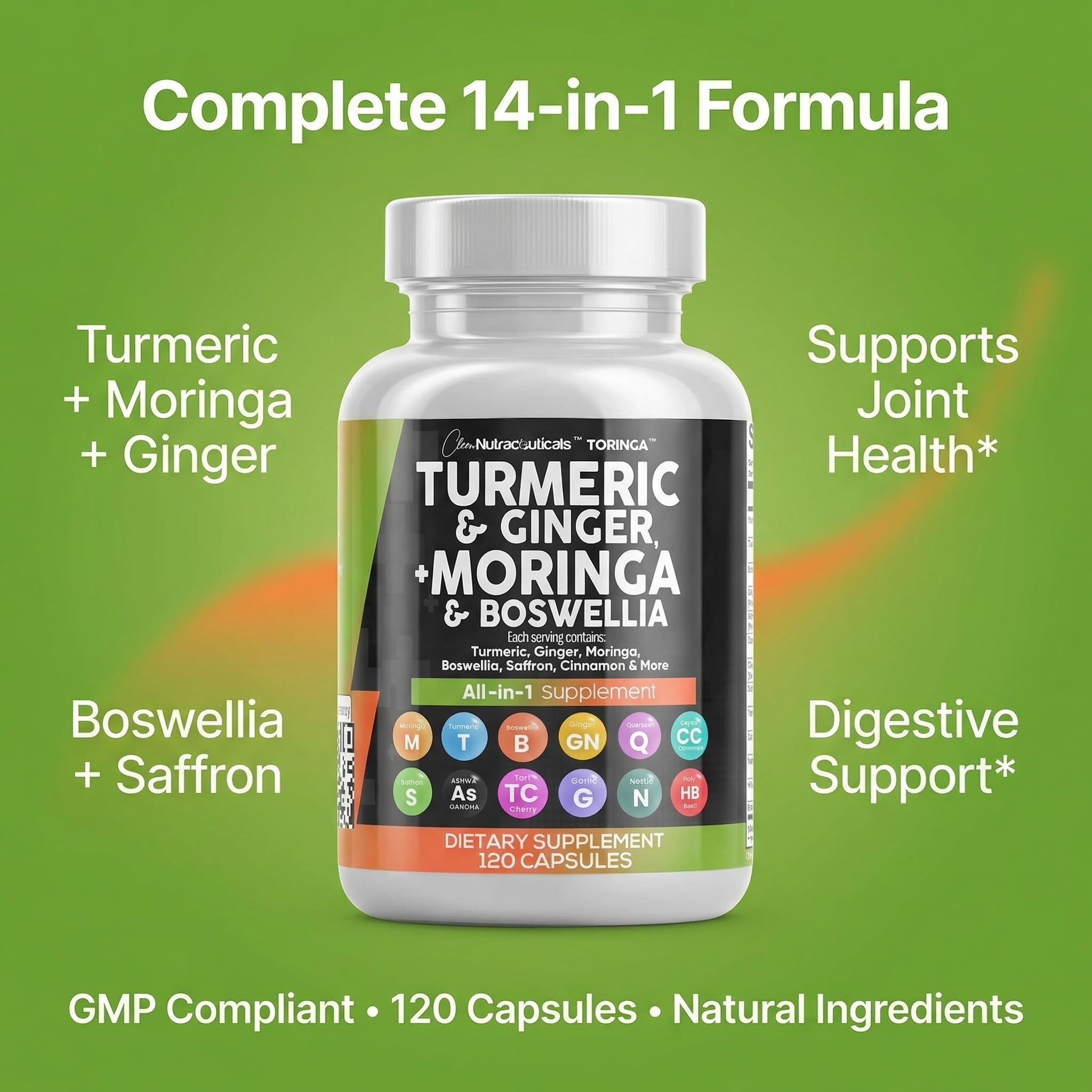 Clean Nutraceuticals Turmeric Moringa Supplement | Ginger Boswellia Saffron - Supplement for Women and Men with Ceylon Cinnamon, Tart Cherry, Quercetin Garlic Nettle Holy Basil - 1Pack