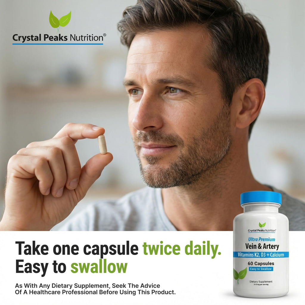 CRYSTAL PEAKS NUTRITION Vein & Artery Supplement - Blood Flow Supplement with Calcium - Blood Circulation Support for Men, Women - Circulation and Vein Support - 60 ct