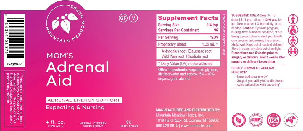 Mountain Meadow Herbs Mom's Adrenal Aid – Liquid Herbal Supplement, Natural Adrenal Support for Women, Safe for Expecting & Nursing Moms, Boosts Energy, Reduces Fatigue & Supports Hormone Balance 4oz