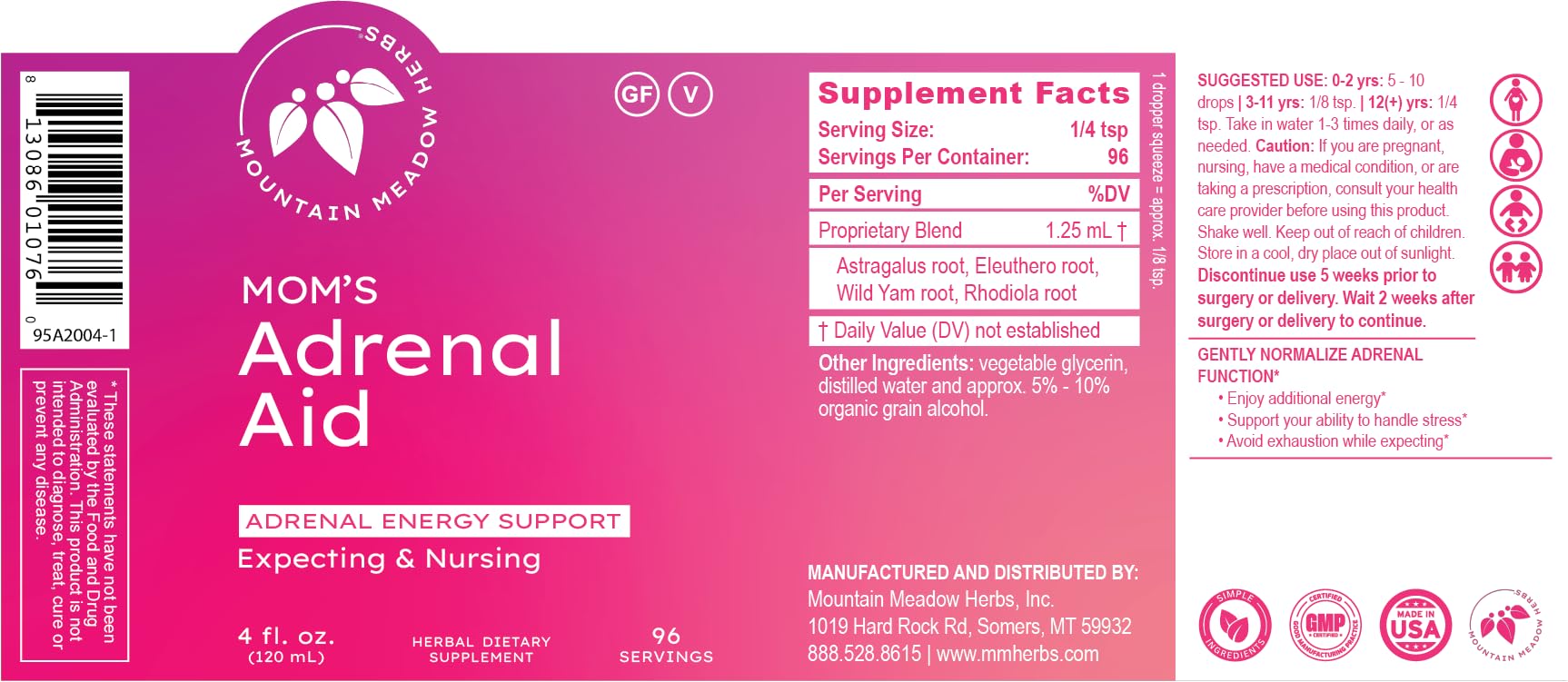 Mountain Meadow Herbs Mom's Adrenal Aid – Liquid Herbal Supplement, Natural Adrenal Support for Women, Safe for Expecting & Nursing Moms, Boosts Energy, Reduces Fatigue & Supports Hormone Balance 4oz