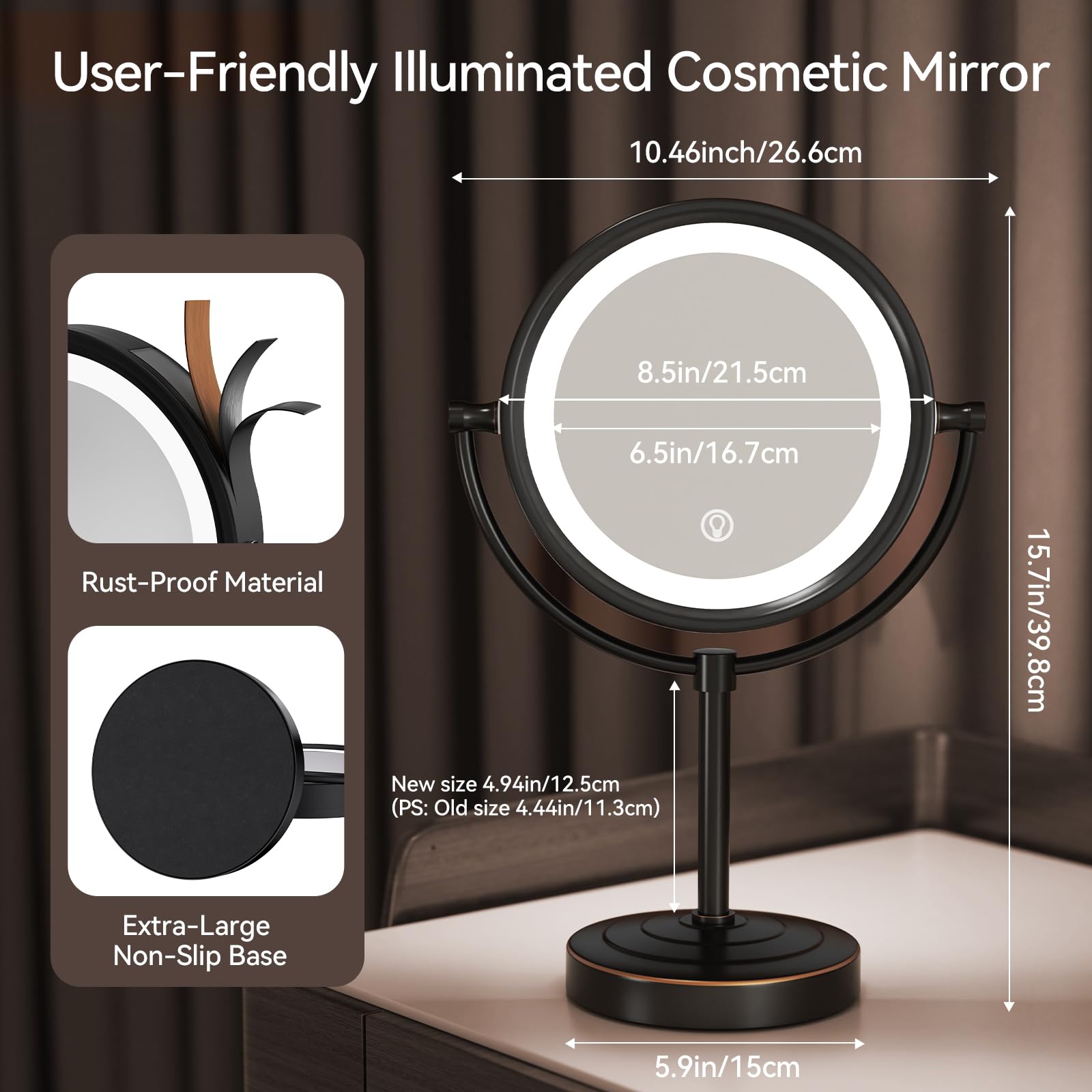 GURUN 8.5 Inch Rechargeable Tabletop LED Lighted Makeup Mirror with 10x Magnification 4500mAh Battery Double Sided Vanity Mirror Oil-Rubbed Bronze for Women Mom (8.5in,10x)
