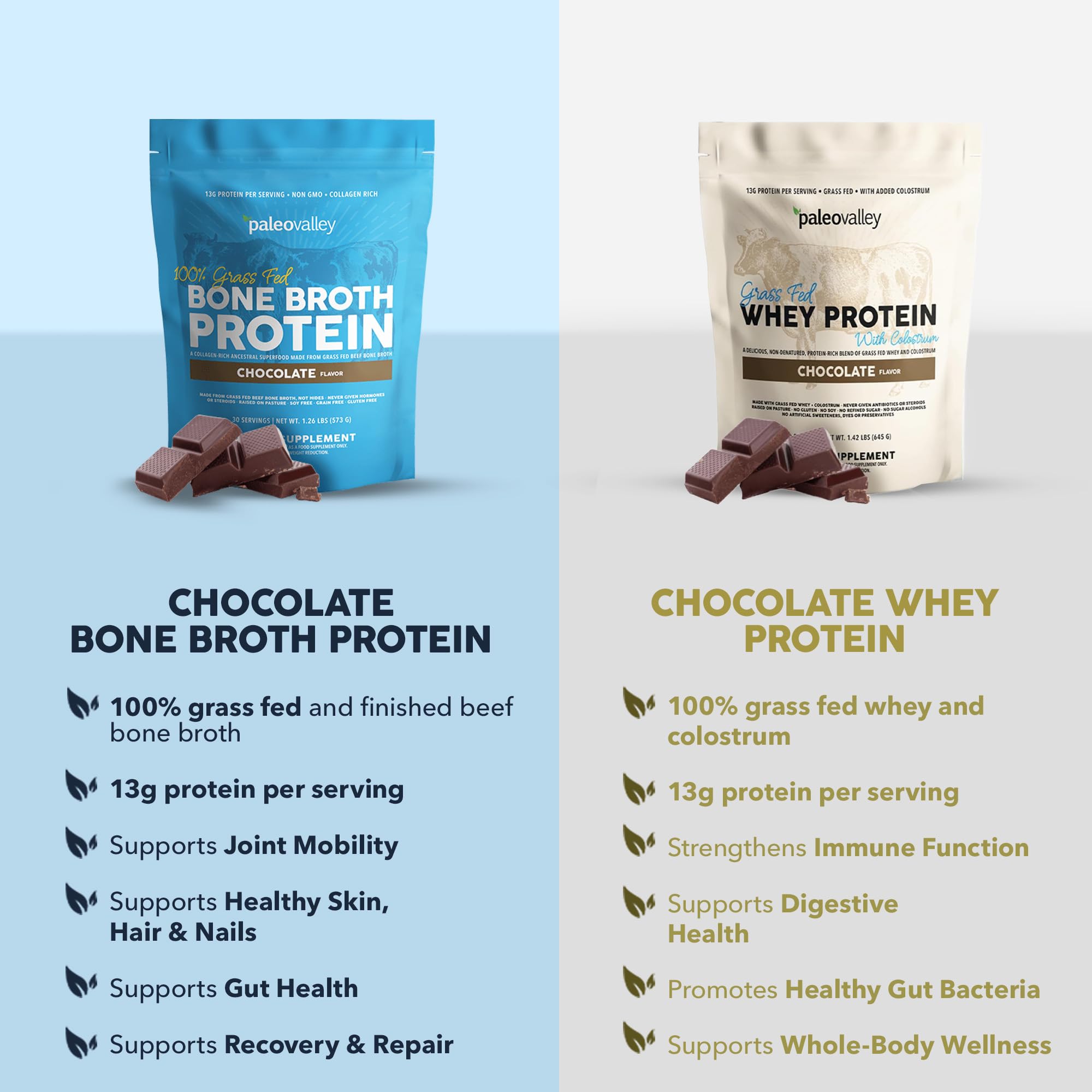 Paleovalley 100% Grass Fed Beef Bone Broth Protein Powder - Rich in Collagen Peptides for Hair, Skin, Gut Health, Bone and Joint Support - 13g Protein Per Serving - No Gluten or GMOs - Chocolate