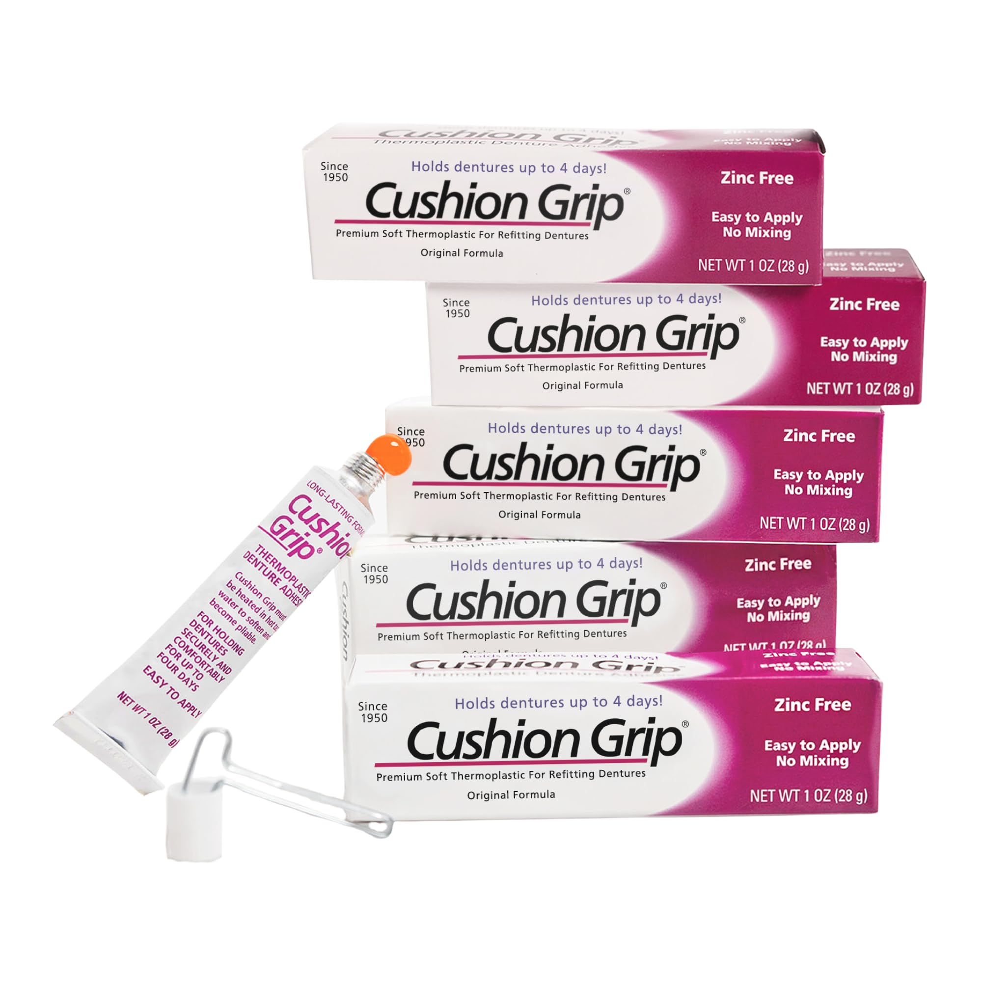 Cushion Grip Thermoplastic Denture Adhesive – Refits & Tightens Loose Dentures, Works Like a Denture Reliner for Long-Lasting Comfort, Holds Up to 4 Days, Waterproof & Zinc-Free - 1 oz (Pack of 5)