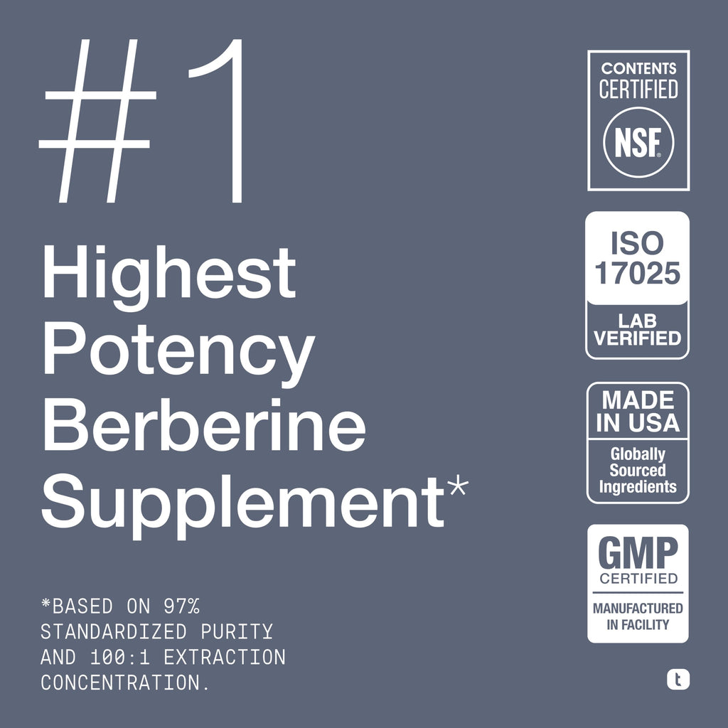 Toniiq NSF Certified Ultra High Strength Berberine HCl from The Himalayas - 100:1 Concentrated Extract - Lab-Tested 97% Berberine HCl - 90 Vegetarian Capsules, 500 mg per Capsule