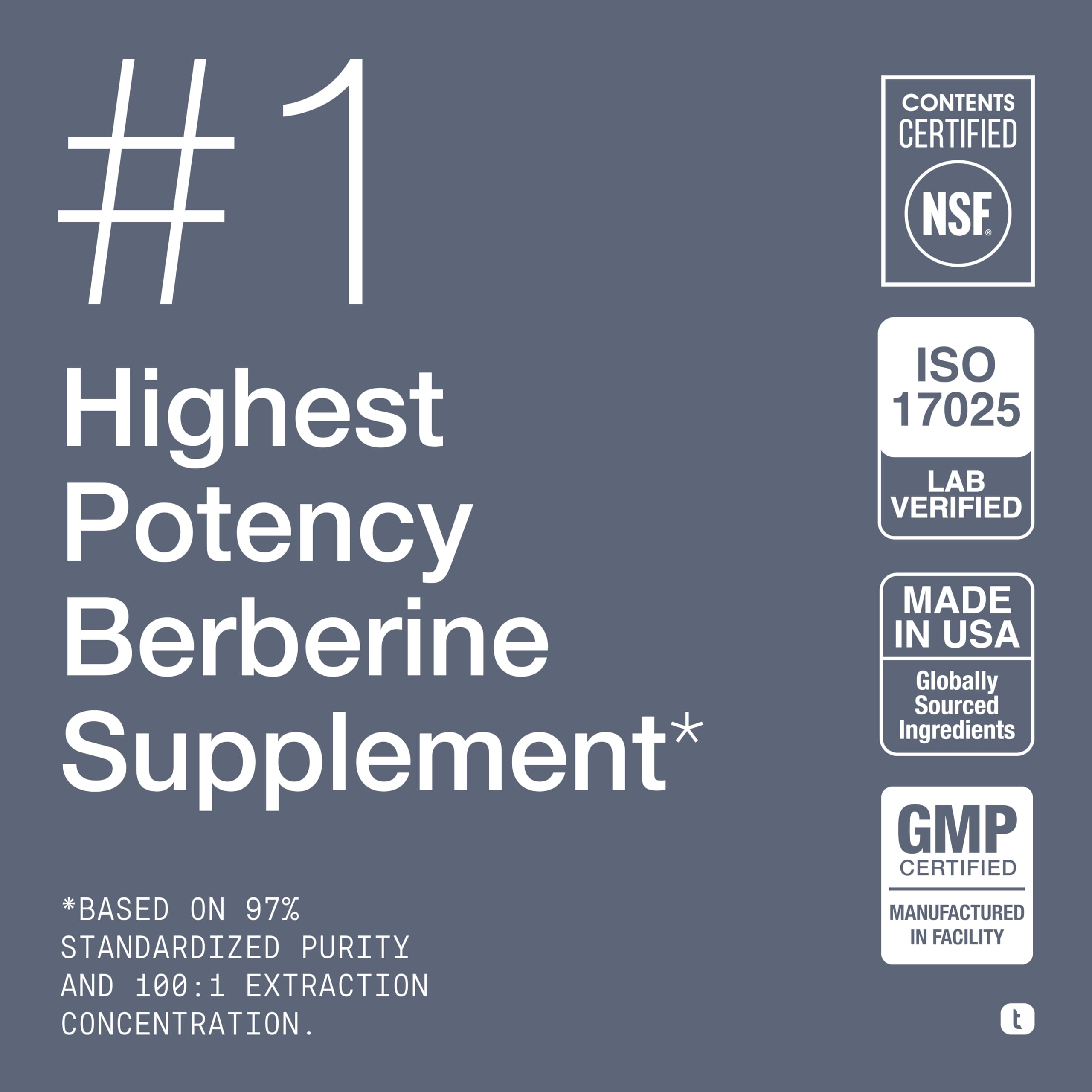 Toniiq NSF Certified Ultra High Strength Berberine HCl from The Himalayas - 100:1 Concentrated Extract - Lab-Tested 97% Berberine HCl - 90 Vegetarian Capsules, 500 mg per Capsule