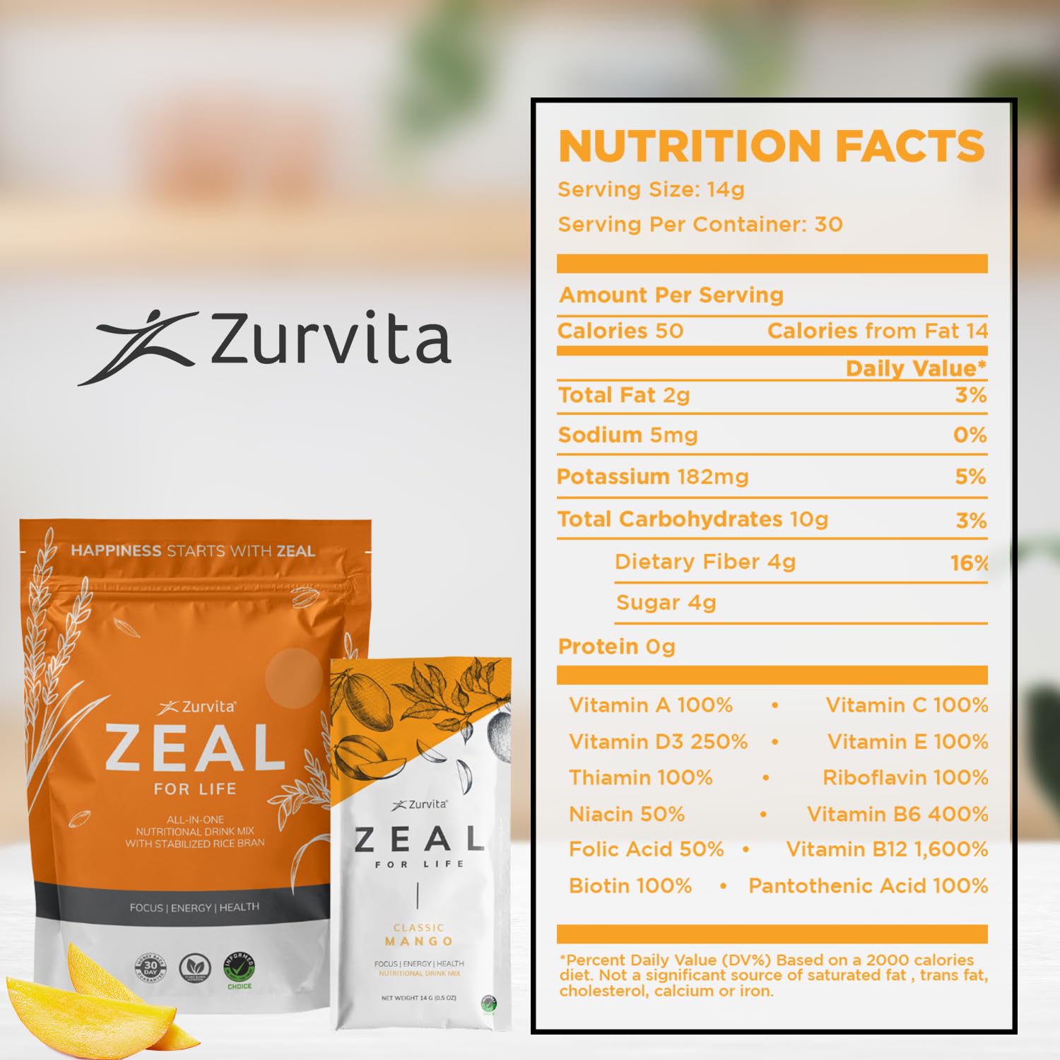 Zurvita - Zeal for Life Wellness Drink Mix - Classic Mango Flavor - Gluten-Free, Vegan, with Biotin, Vitamins and Minerals for Health - 10 Packets
