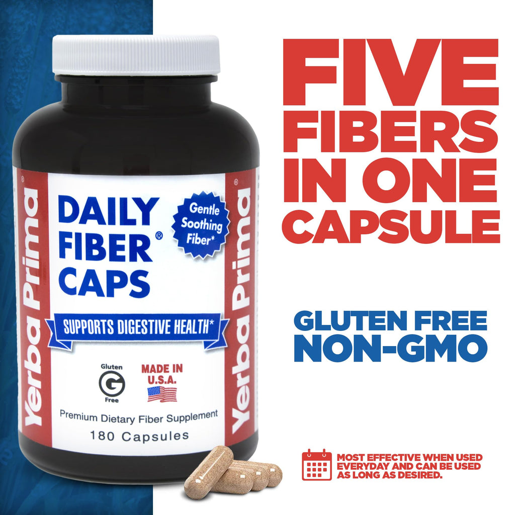 Yerba Prima Daily Fiber Capsules, 180 Caps (Pack of 3) - Soluble Dietary Fiber Supplement - Colon Cleanse - Gut Health - Constipation Relief, Vegan, Non-GMO, Gluten-Free