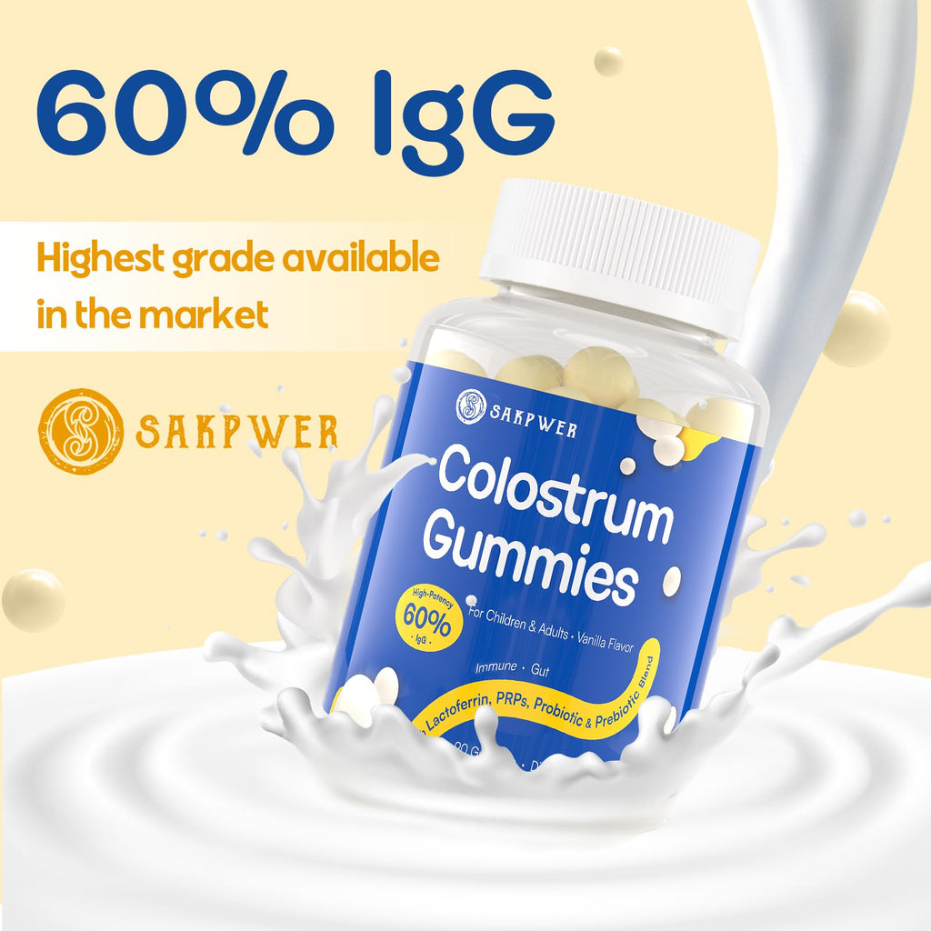 Sakpwer Bovine Colostrum Supplement Gummies - with 60% Highest IgG, Lactoferrin, Probiotics and Prebiotics for Adults and Kids, Vanilla Flavor & Sugar Free, 2 Pack