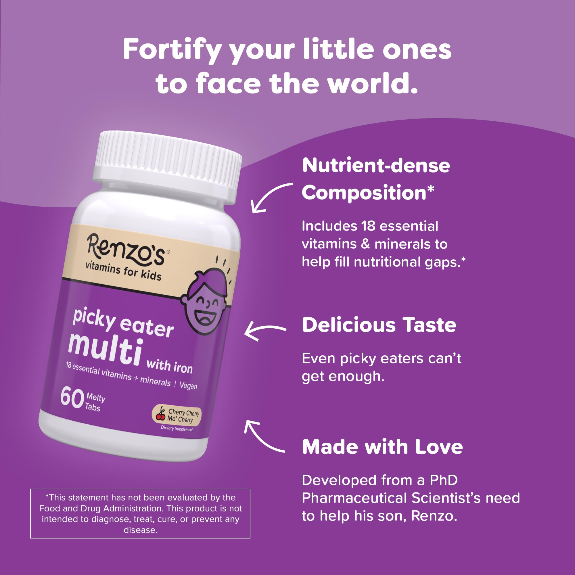 Renzo's Picky Eater Kids Multivitamin with Iron - Dissolvable Kids Vitamins with Iron, Zinc, Vitamin C, Vitamin D, E & K, Sugar-Free Melty Tabs, Cherry Flavor, 60-Count (1-2 Month Supply)