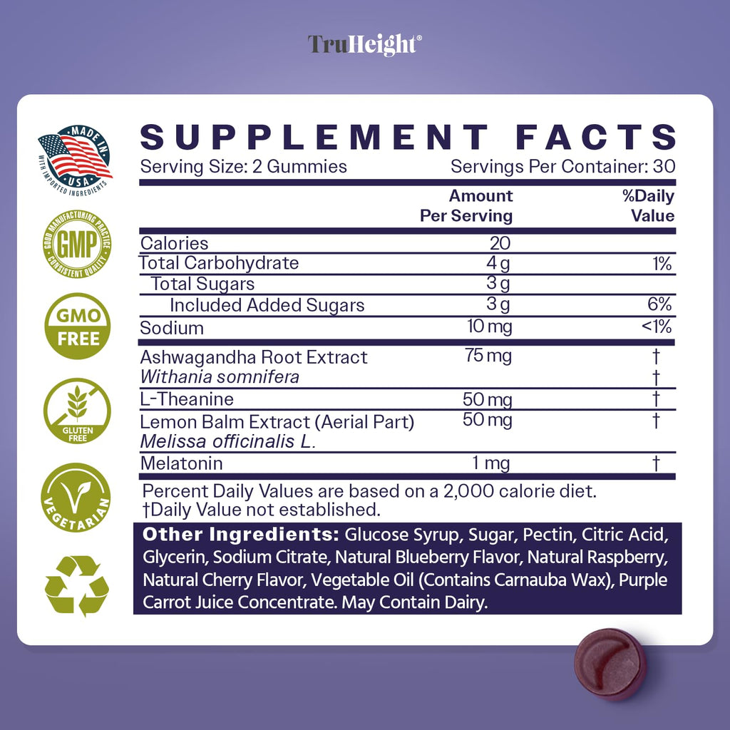 TruHeight Sleep Gummies - Kids & Teen Natural Sleep Aid for Tall & Growing Bodies - Pediatric Recommended Growth - Melatonin Gummy, Ashwagandha, L-Theanine, Lemon Balm - Mixed Berry, Taller Ages 4+