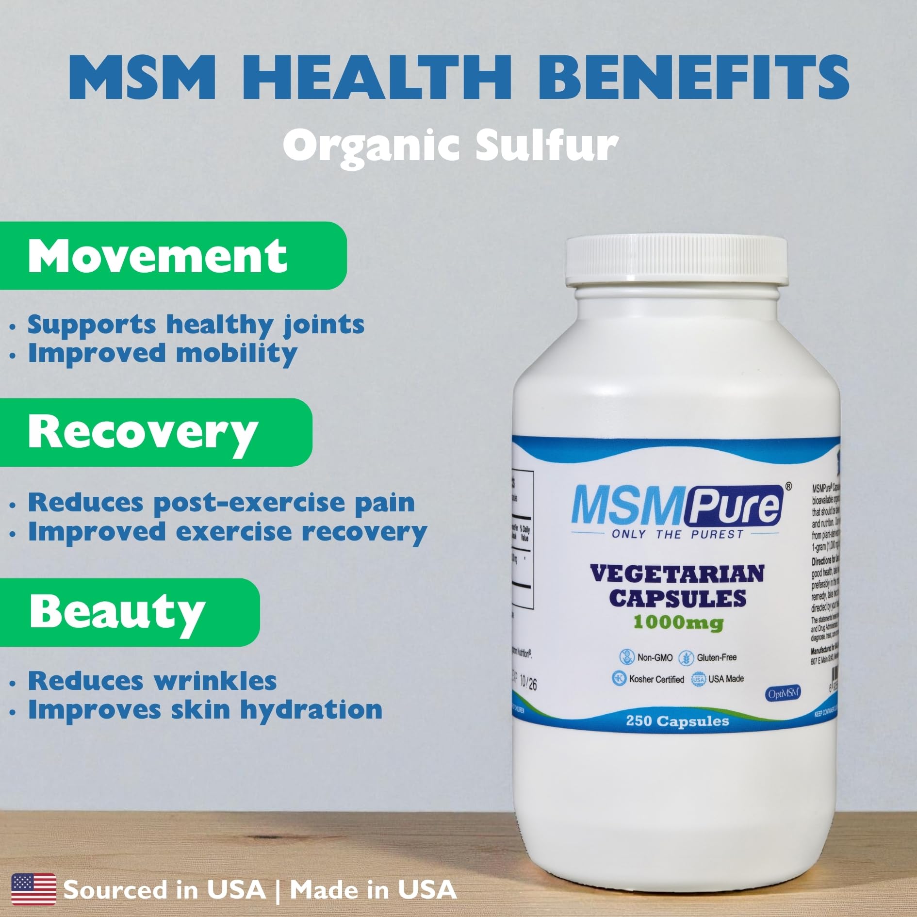 KALA HEALTH MSMPure MSM Vegetarian Capsules – 1,000 mg US-Made MSM per Capsule for Joint Health, Skin Appearance, Hair & Nail Support – 250 Count, Organic Sulfur