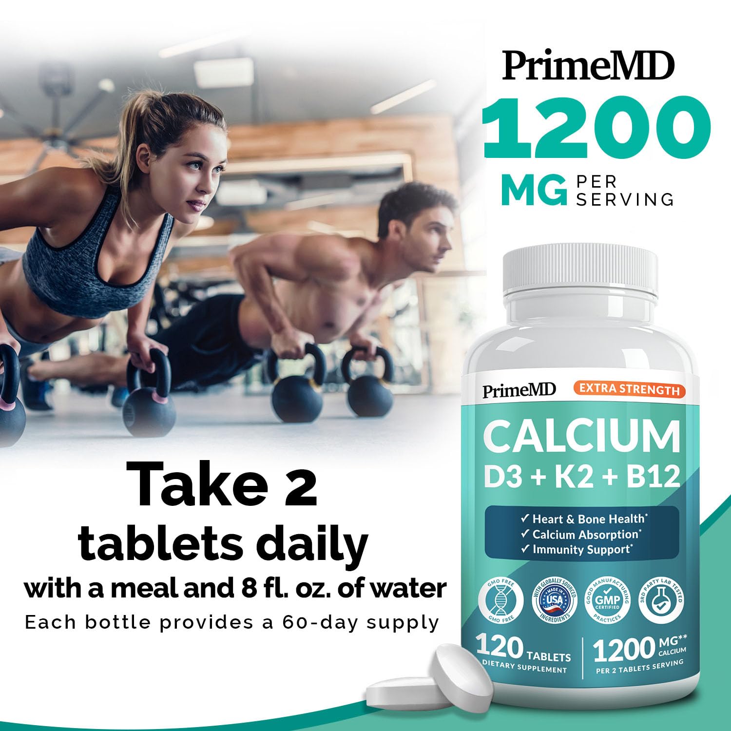 4-in-1 Calcium 1200 mg with Vitamin D3 K2 - Extra Strength Calcium Supplements for Women & Men with D3 K2 Vitamin 5000 IU - Everyday Vitality Supplement - Vegan-Friendly, Gluten-Free, Non-GMO (120ct)