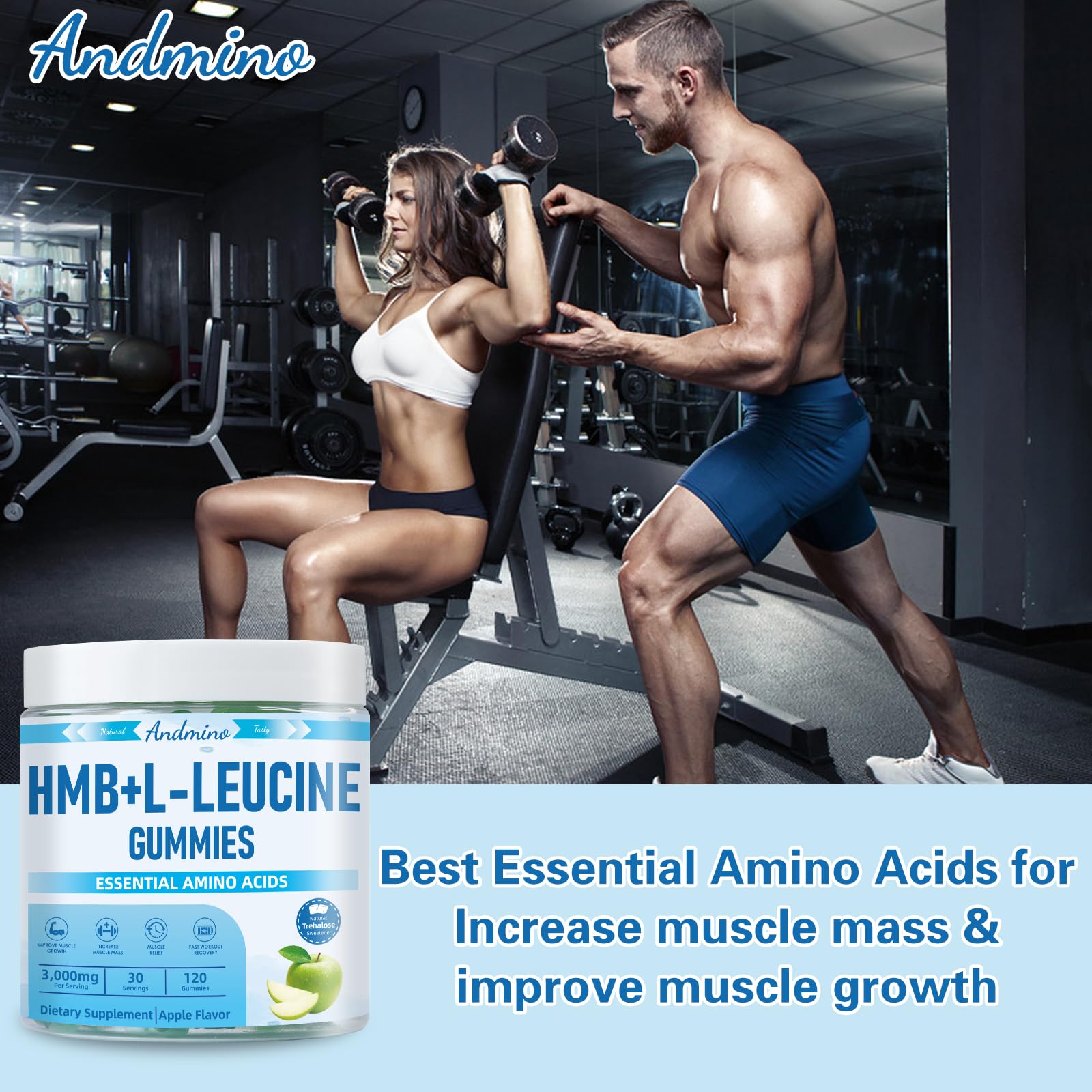 andmino HMB and L-Leucine Gummies, 3000mg, with Trehalose, for Muscle Growth, Muscle Relief and Workout Recovery, for Adults & Elder, Non-GMO, Vegan, Gluten Free, Apple Flavor, 120