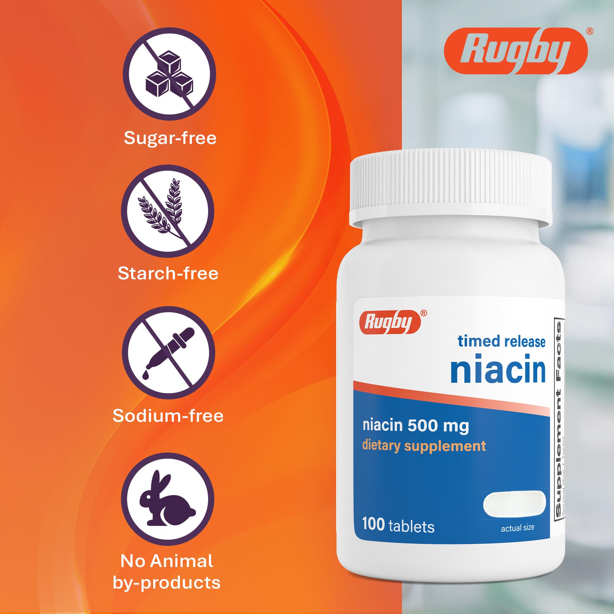 Rugby Timed-Release Niacin 500mg with 28mg Calcium, Dietary Supplement for Energy, Circulation and Metabolism Support, 100 Tablets (3 Pack)