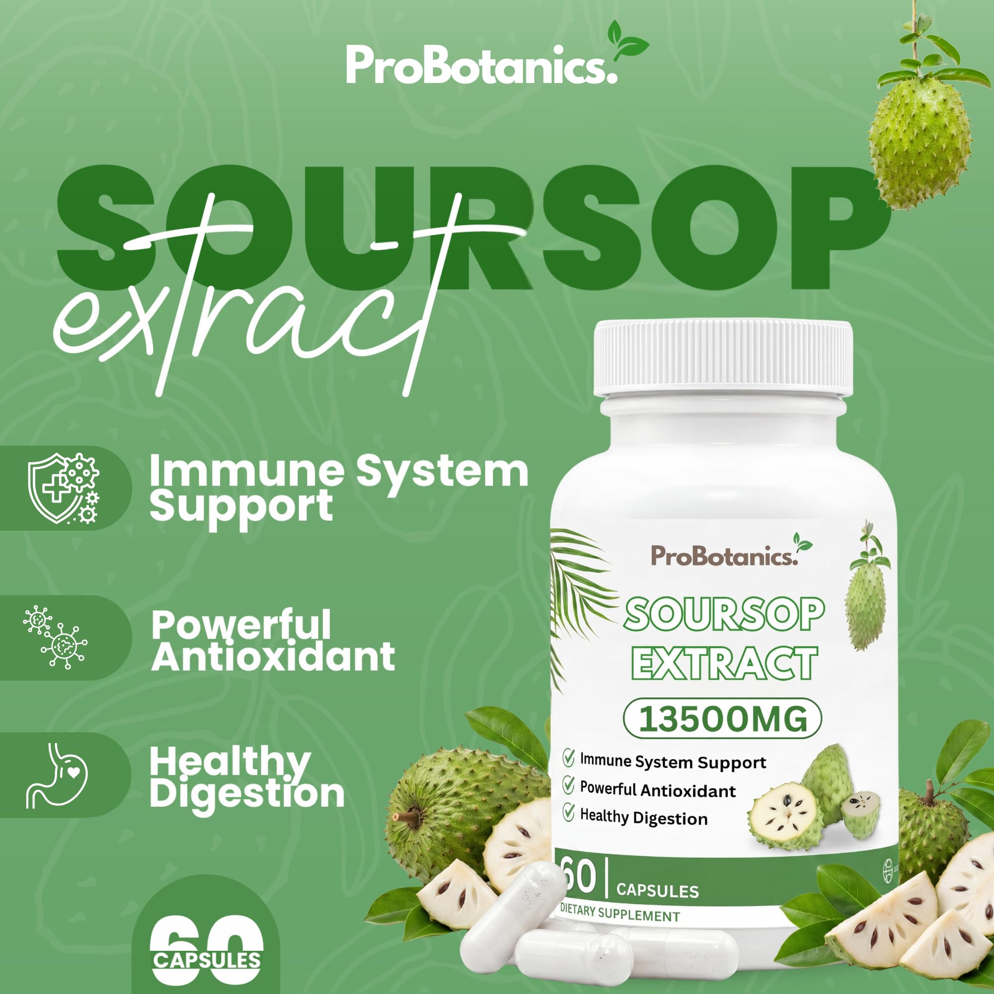ProBotanics Organic Soursop for Cell Support & Regeneration | High Strength 450mg 30:1 Extract Equiv. to 13500mg Extract Per Serving | Powerful Antioxidant and Immune Support - 60 Capsules