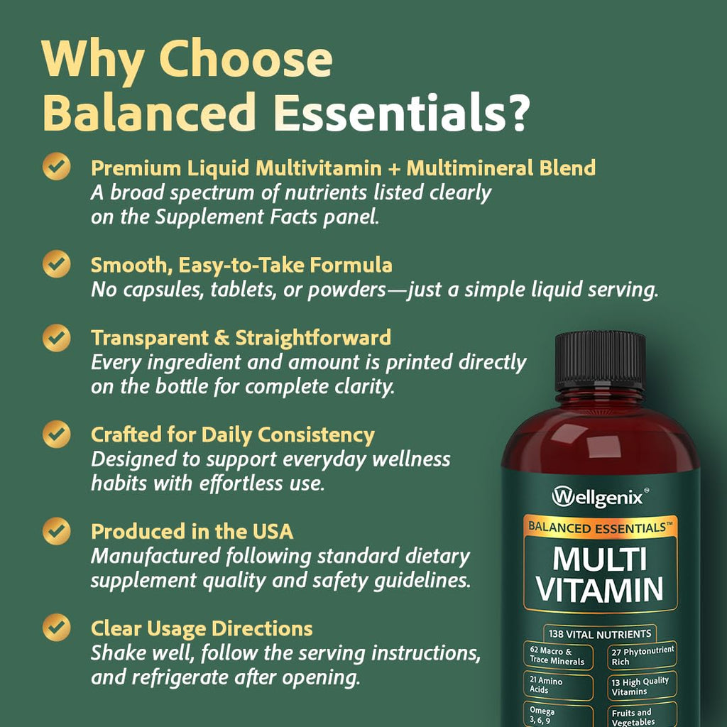 Wellgenix Balanced Essentials Liquid Multivitamin & Minerals, 32 Fl Oz