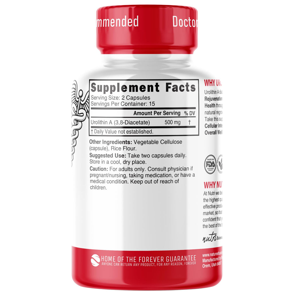 Nutri Urolithin A Supplement 500mg - Powerful Antioxidant, Health & Wellness Booster - 3rd Party Tested - 500 mg Urolithin A Diacetate - 30 Vegan Capsules 2 Week+ Supply - NSF cGMP Certified Facility