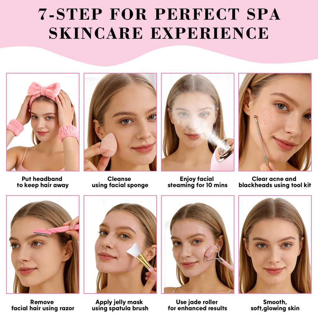 Pjordo Facial Steamer Spa Kit with 17 Skin Care Tools, Nano Ionic Face Steamer for Deep Cleaning Unclogs Pores, Warm Mist Humidifier Steamer for Face Home Sauna SPA, Self Care Gifts for Women